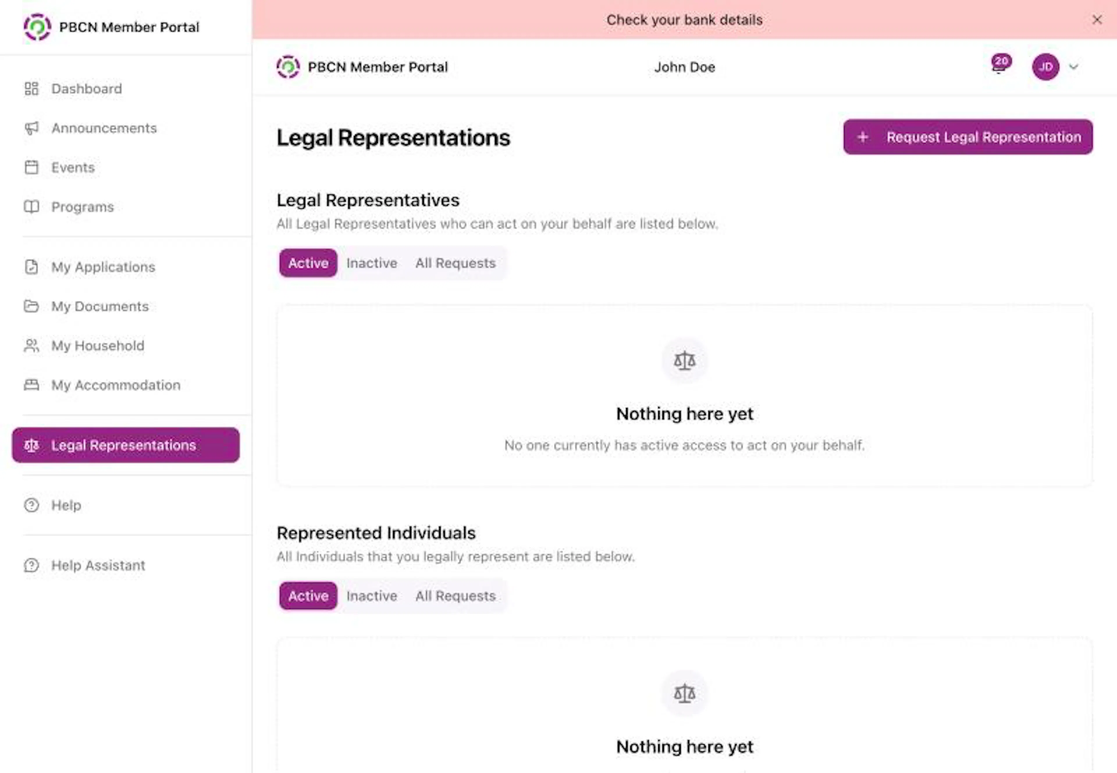 The Legal Representations page on a computer with the purple Request Legal Representation button at the top right and the Legal Representatives and Represented Individuals parts, each with the Active, Inactive and All Requests buttons
