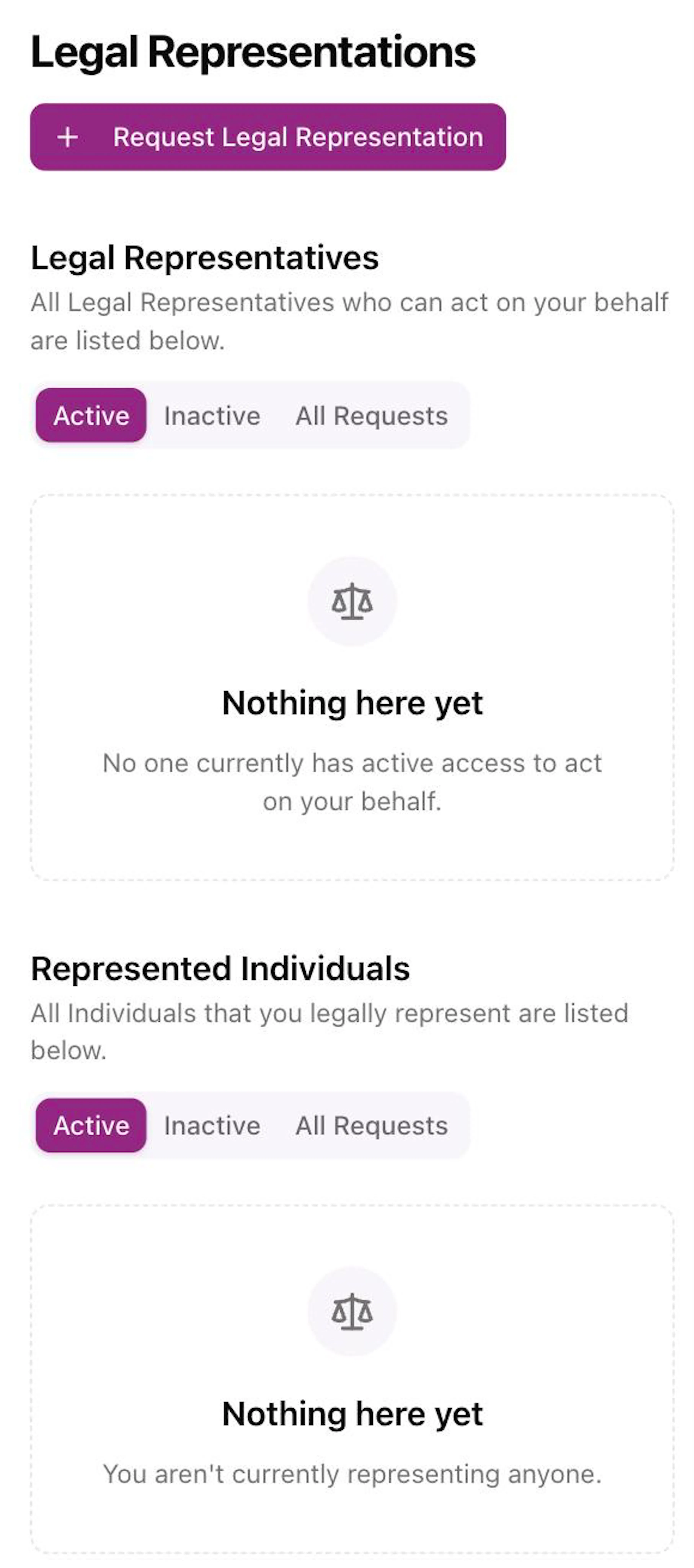 The Legal Representations page on a phone with the purple Request Legal Representation button and the Legal Representatives and Represented Individuals parts, each with the Active, Inactive and All Requests buttons and the words Nothing here yet