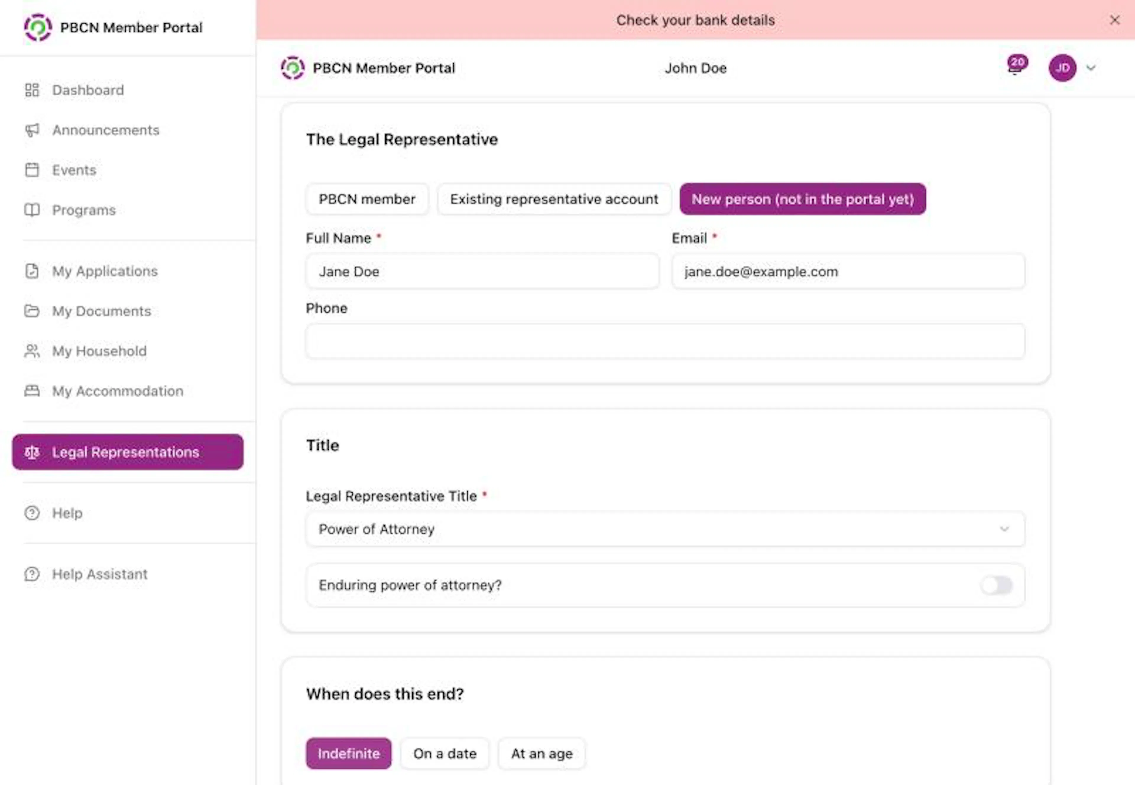The request details on a computer with New person (not in the portal yet) chosen and a name and email filled in, a Legal Representative Title chosen, Indefinite chosen under When does this end?, and the Legal Documents upload area