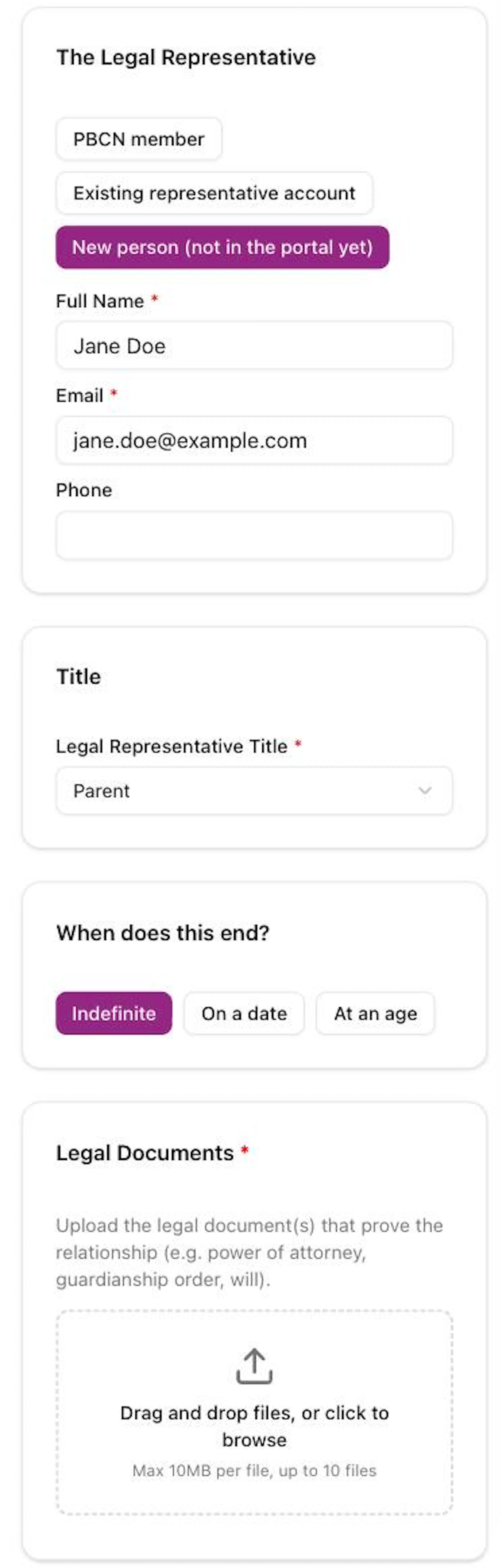 The request details on a phone with New person (not in the portal yet) chosen and a name and email filled in, a Legal Representative Title chosen, Indefinite chosen under When does this end?, and the Legal Documents upload area