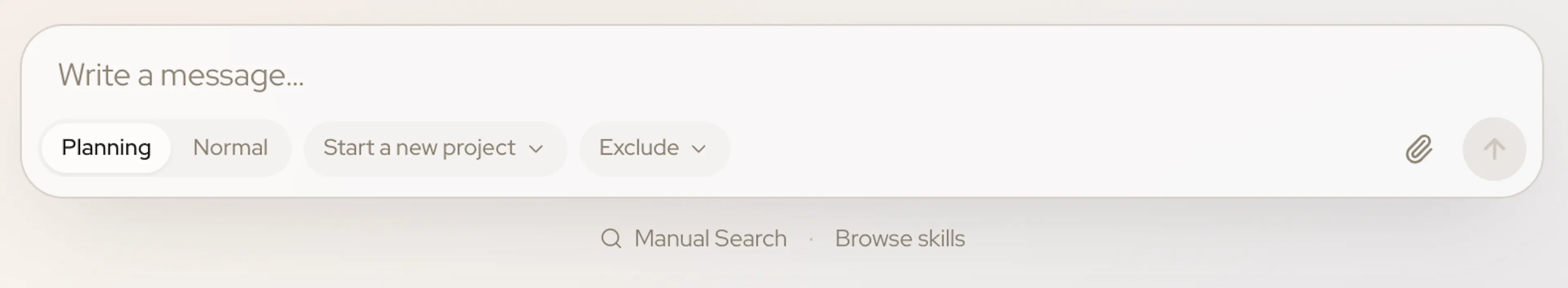 The Rose message box with the Planning and Normal mode switch, the project picker and the Exclude control