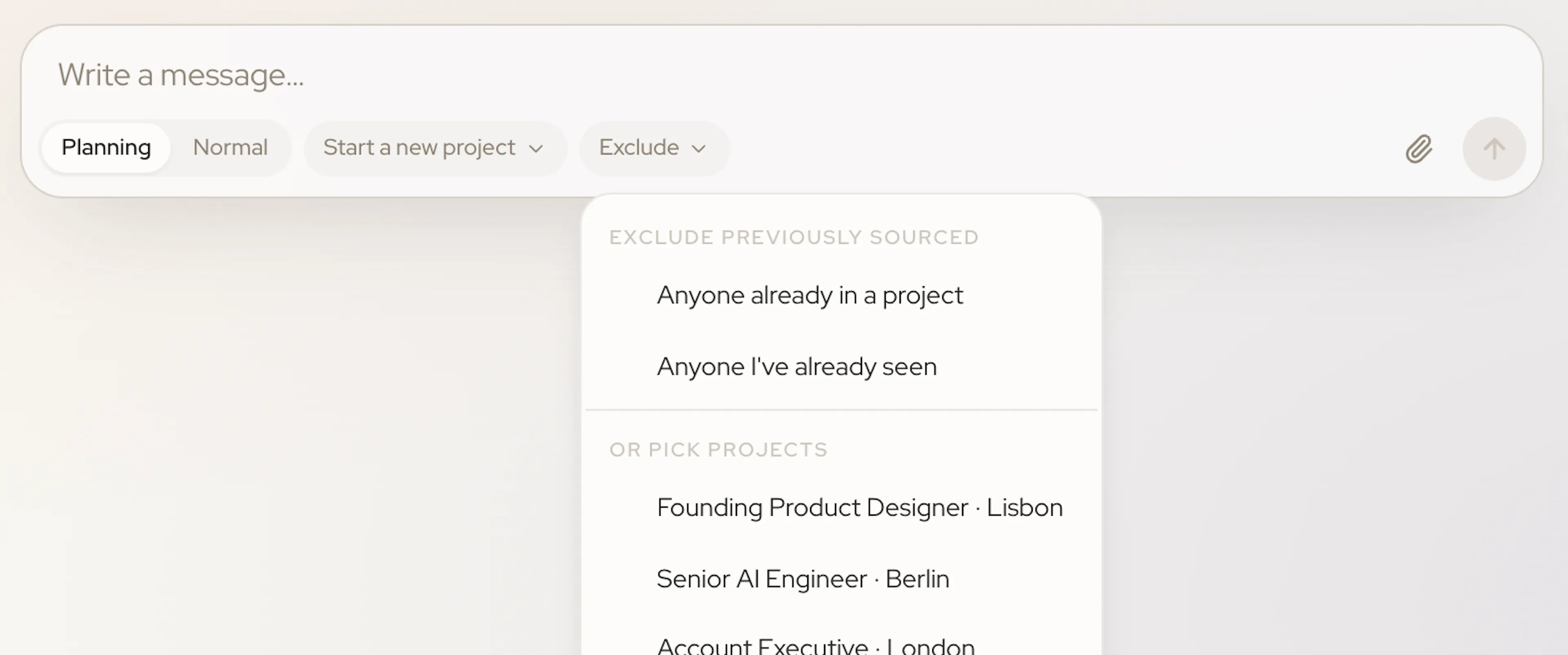 The Exclude previously sourced menu open under the message box