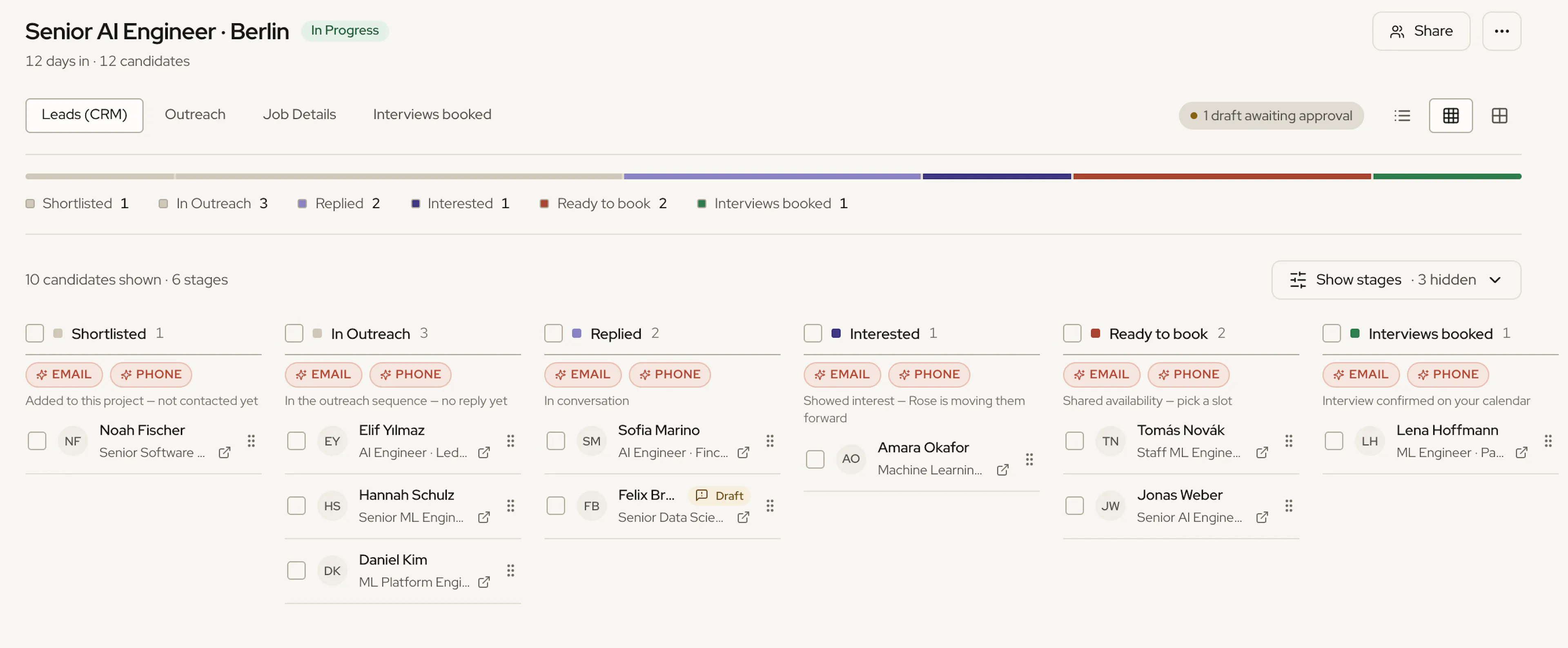 A project page showing the Leads (CRM) tab with the pipeline bar and candidates in columns by stage