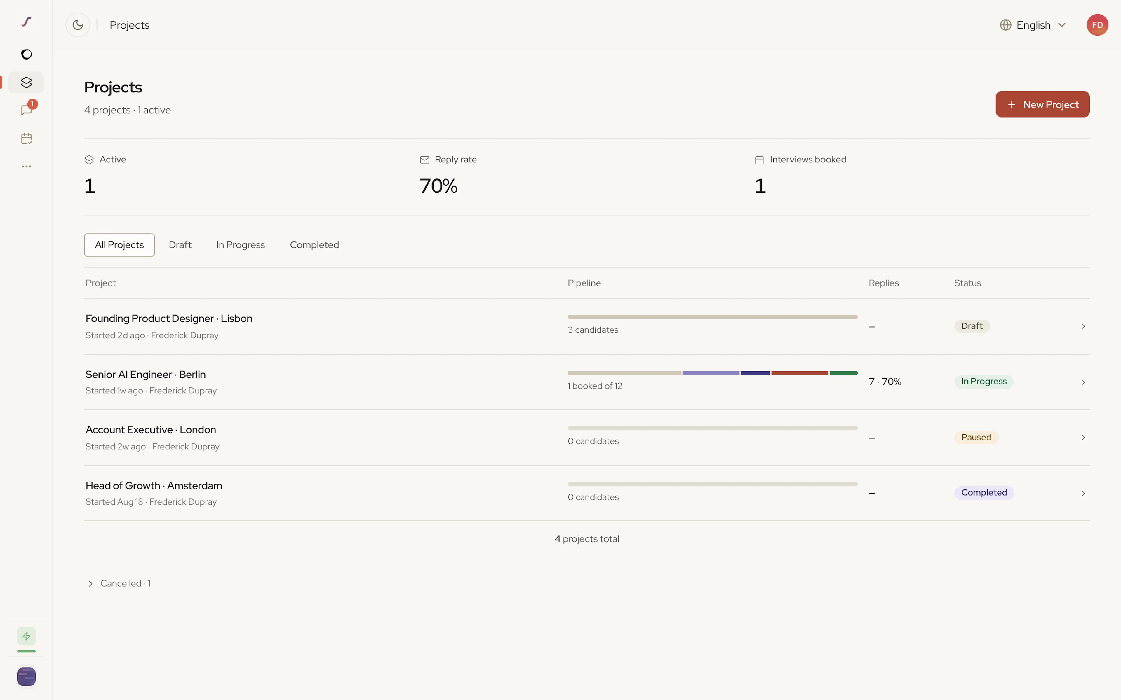 The Projects page with headline stats and a list of projects, each with a pipeline bar and status