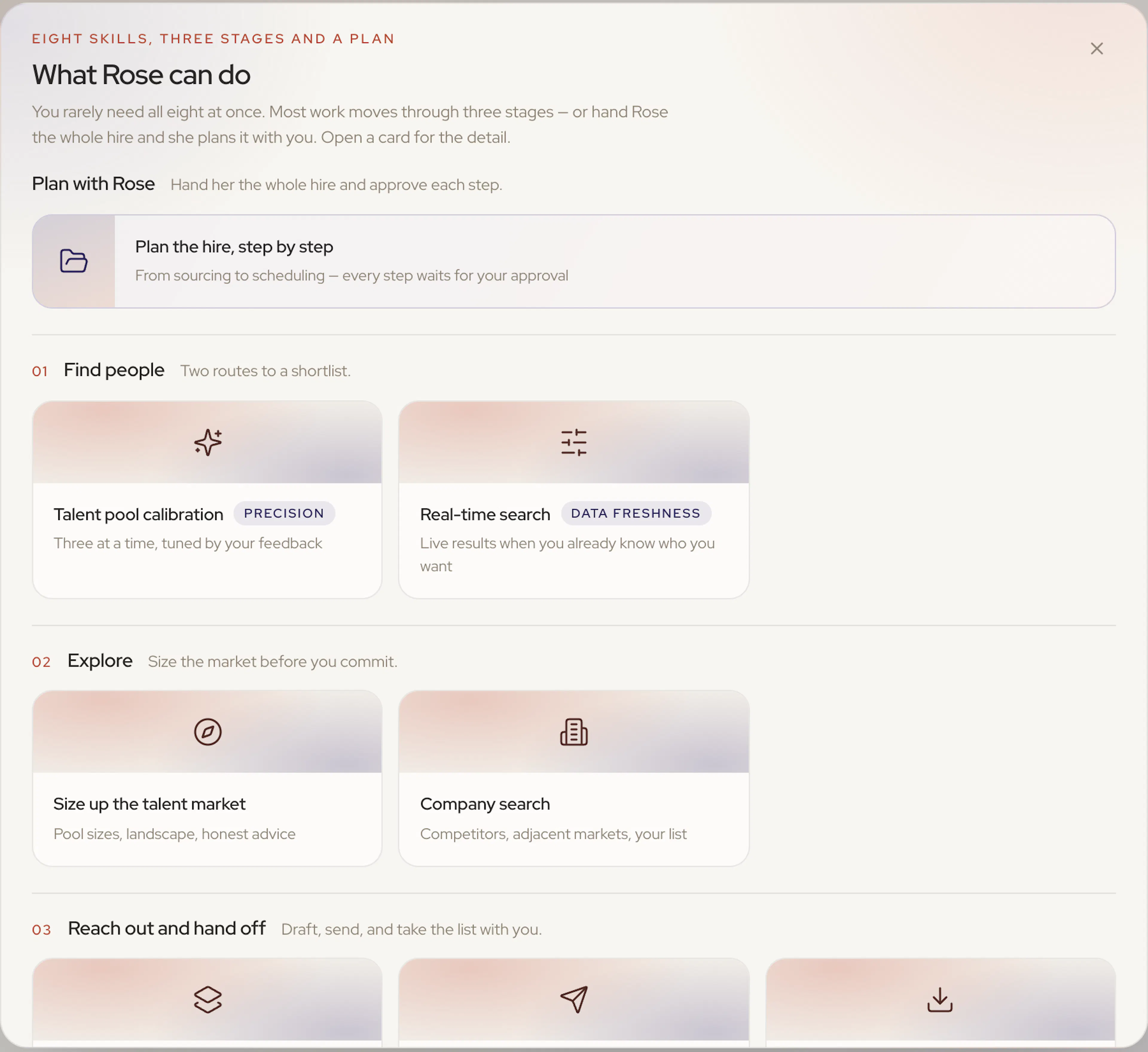 The What Rose can do window, with skills grouped into Plan with Rose, Find people, Explore, and Reach out and hand off