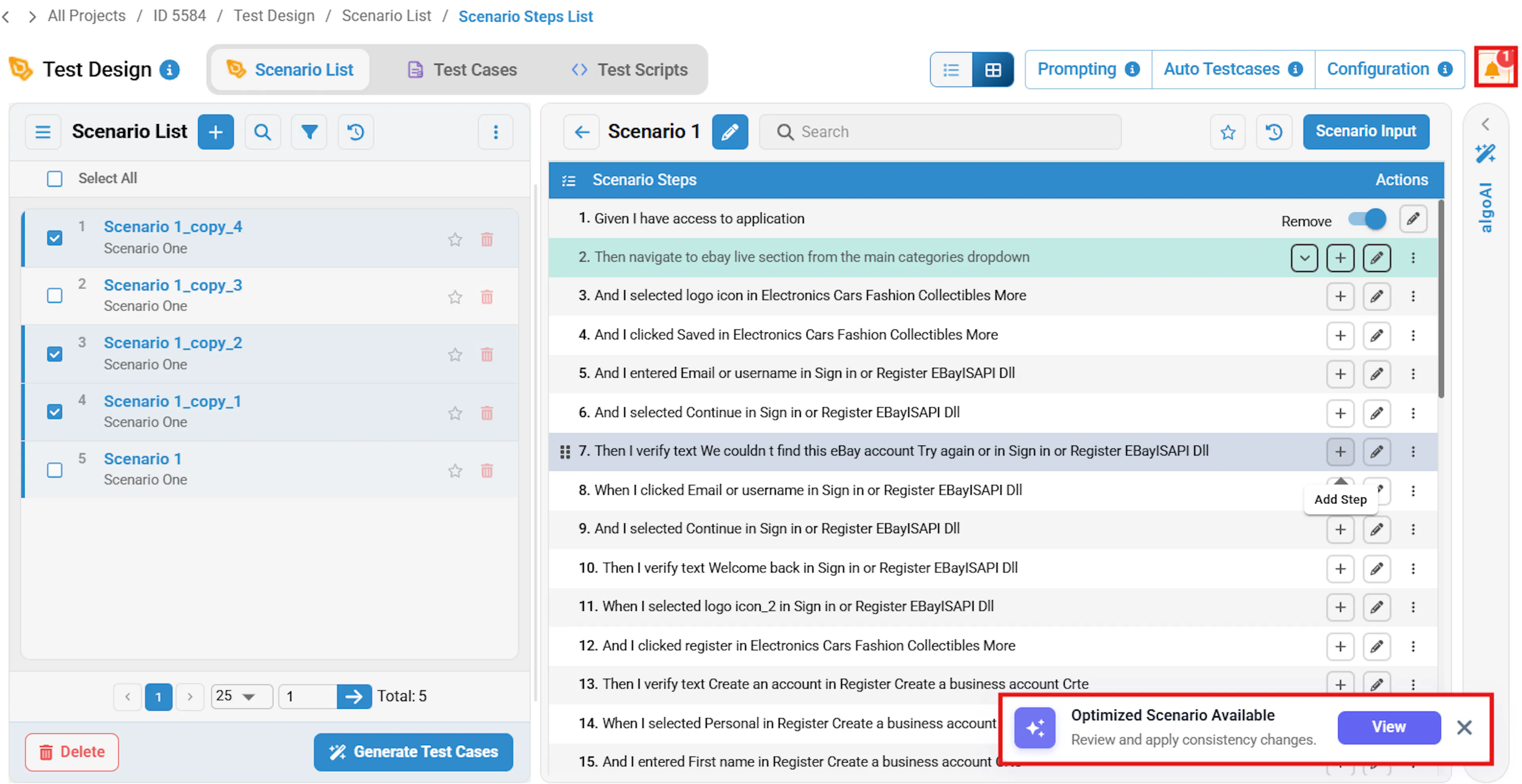 Optimized scenario available notification after merging a step