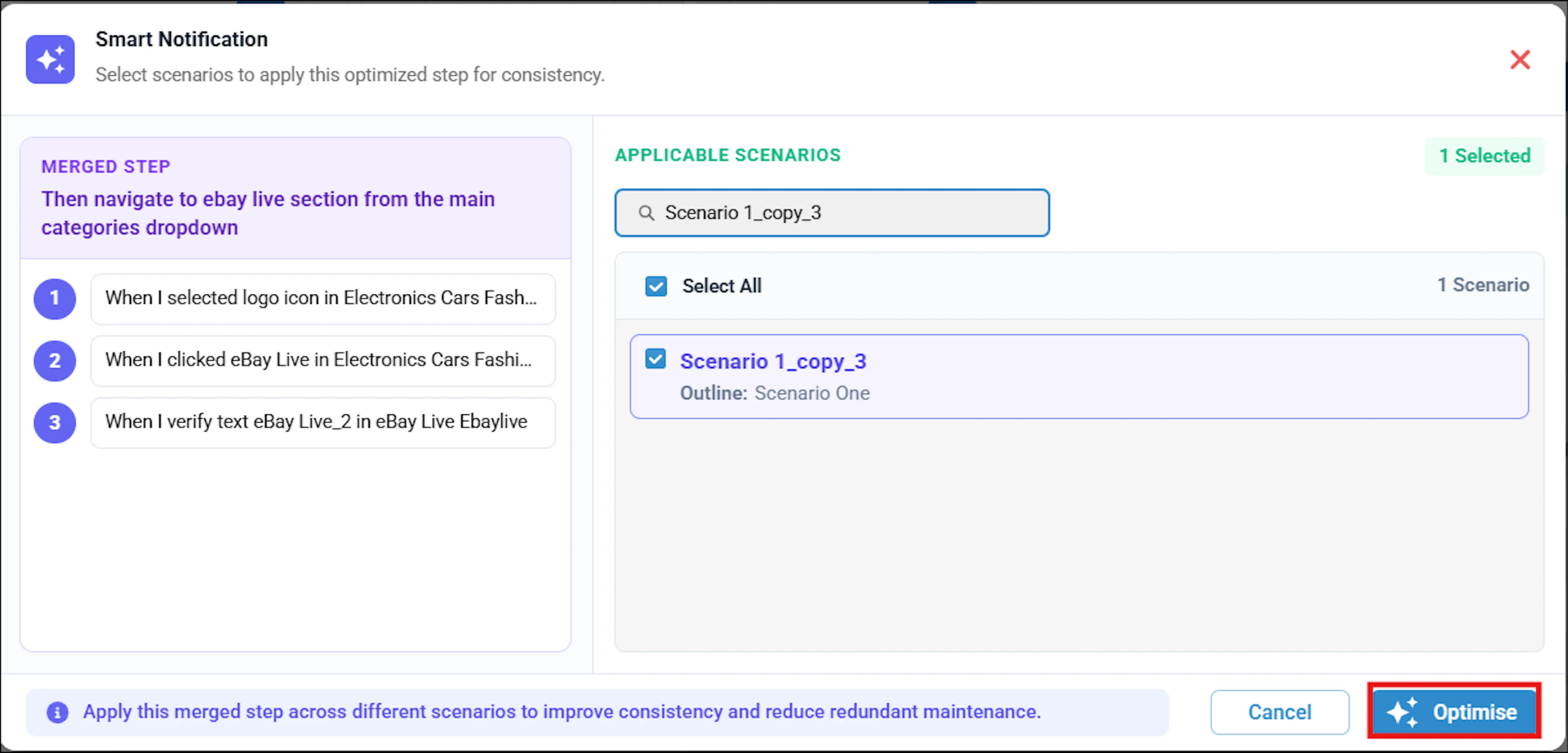 Optimized scenario steps after applying the optimization