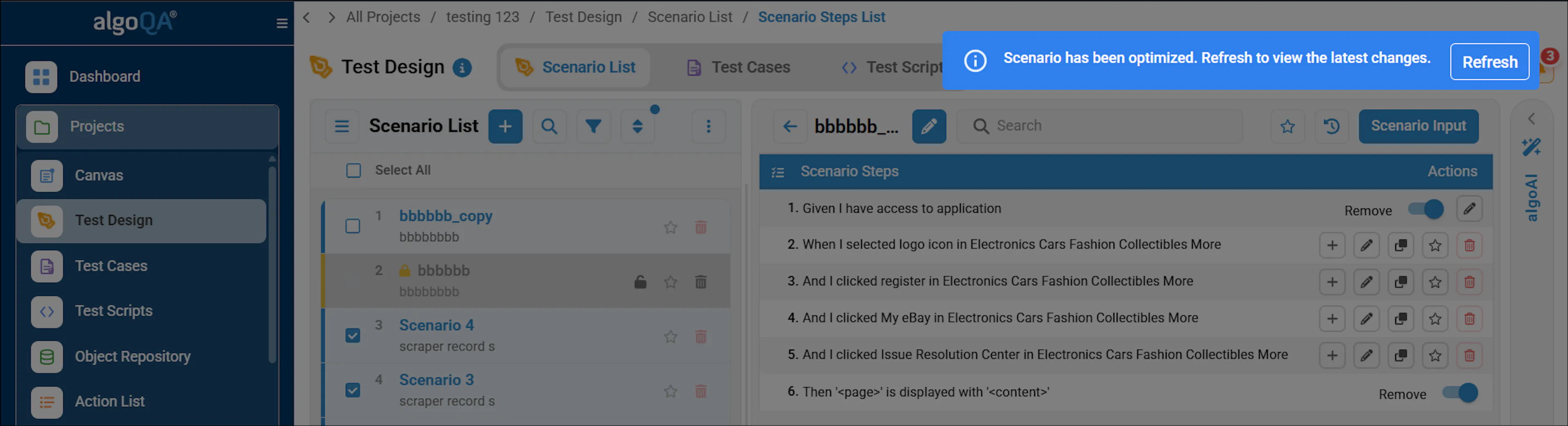 Optimized scenarios view after refreshing