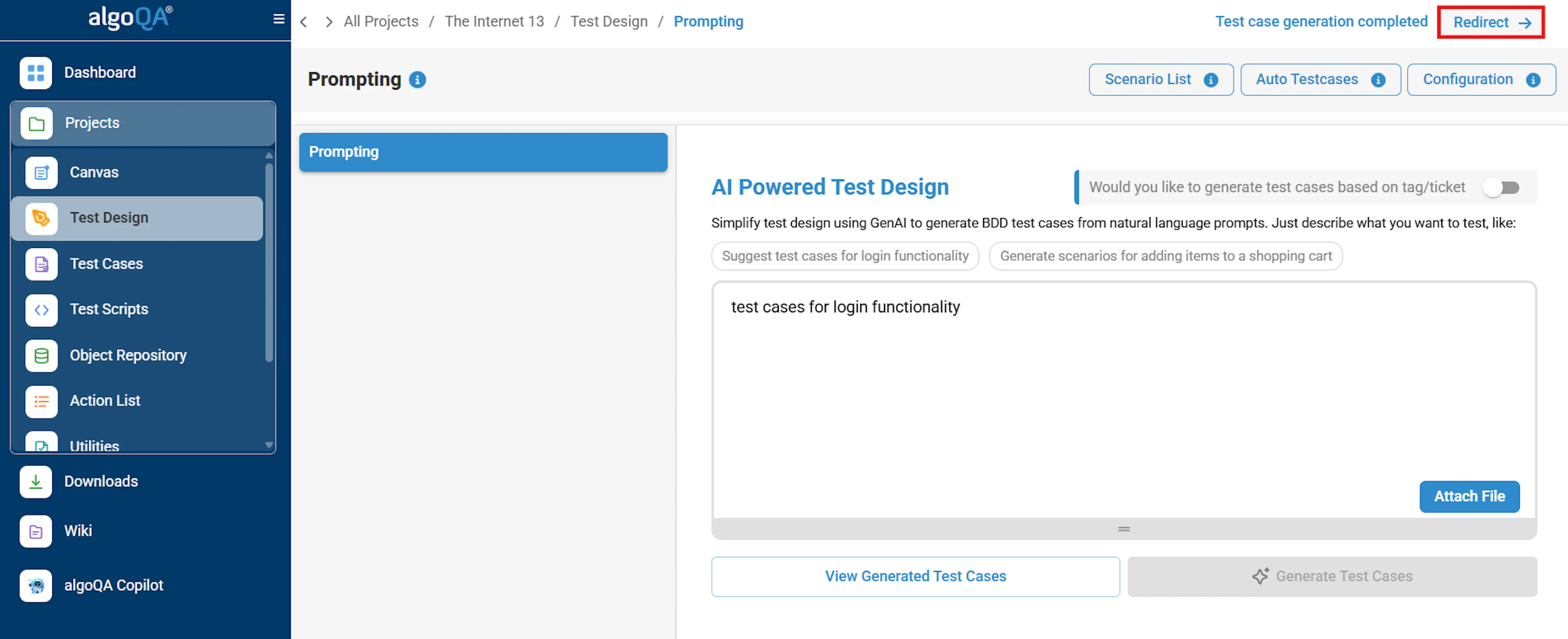 Generated scenarios with redirect option to view and review scenario details
