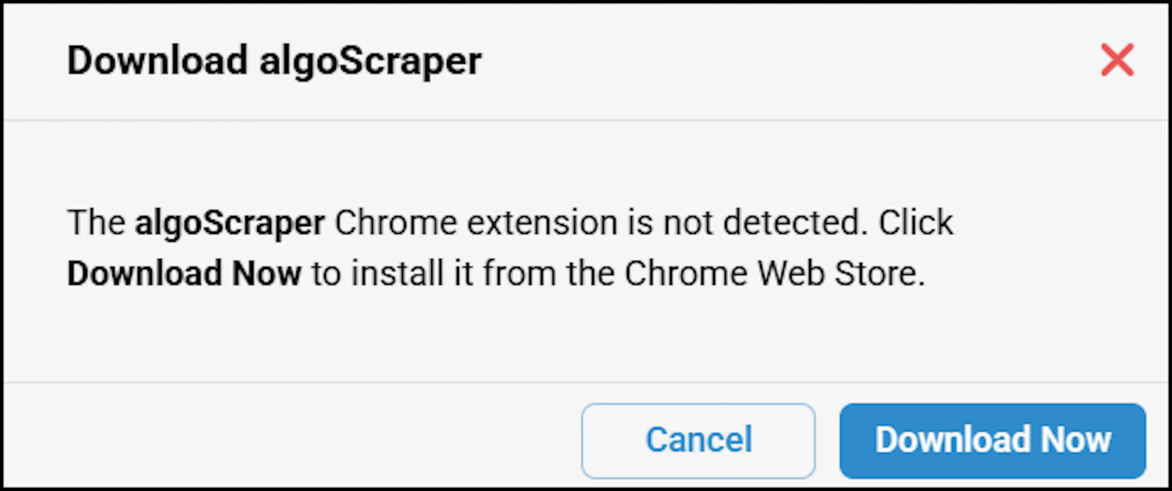Download algoScraper dialog with Download Now button over the Upload Scraped Data page