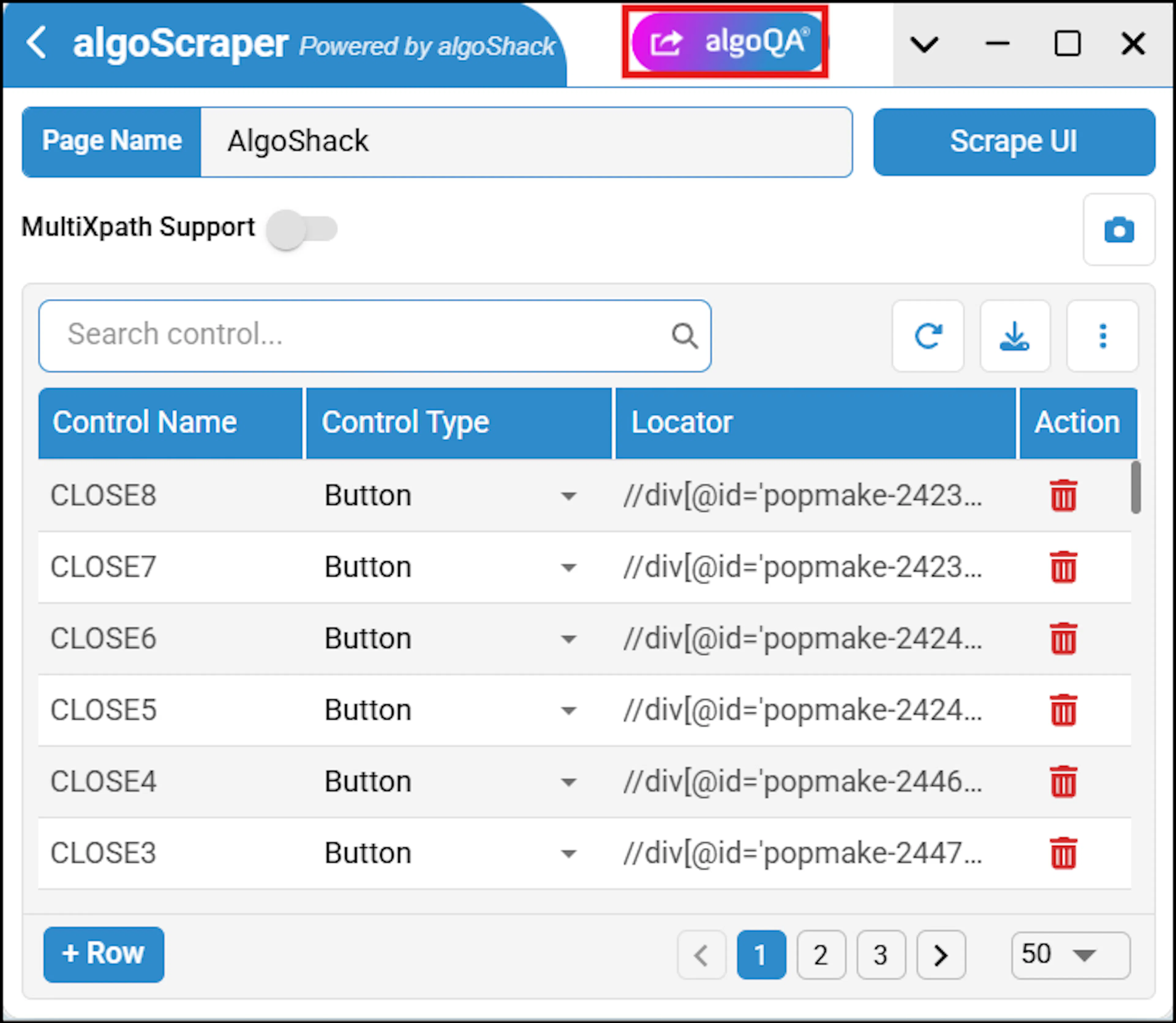 Web page open in algoScraper with UI elements highlighted for scraping