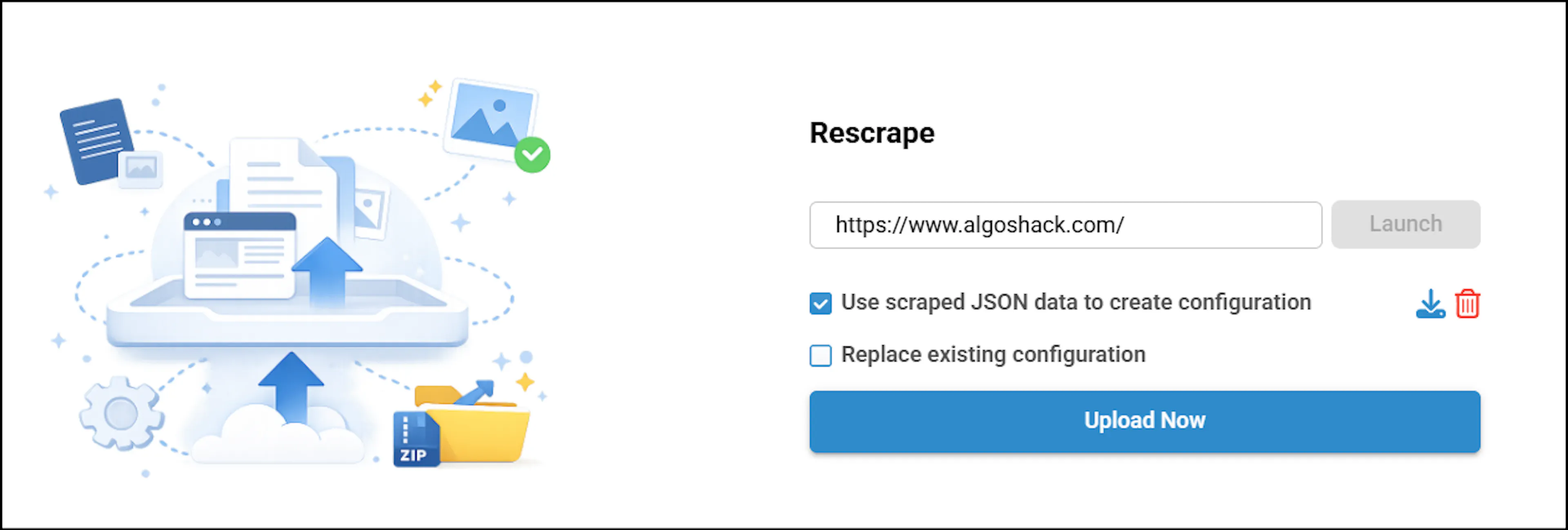 Upload Scraped Data page with scraped file attached, Replace Existing Configuration checkbox, and Upload Now button