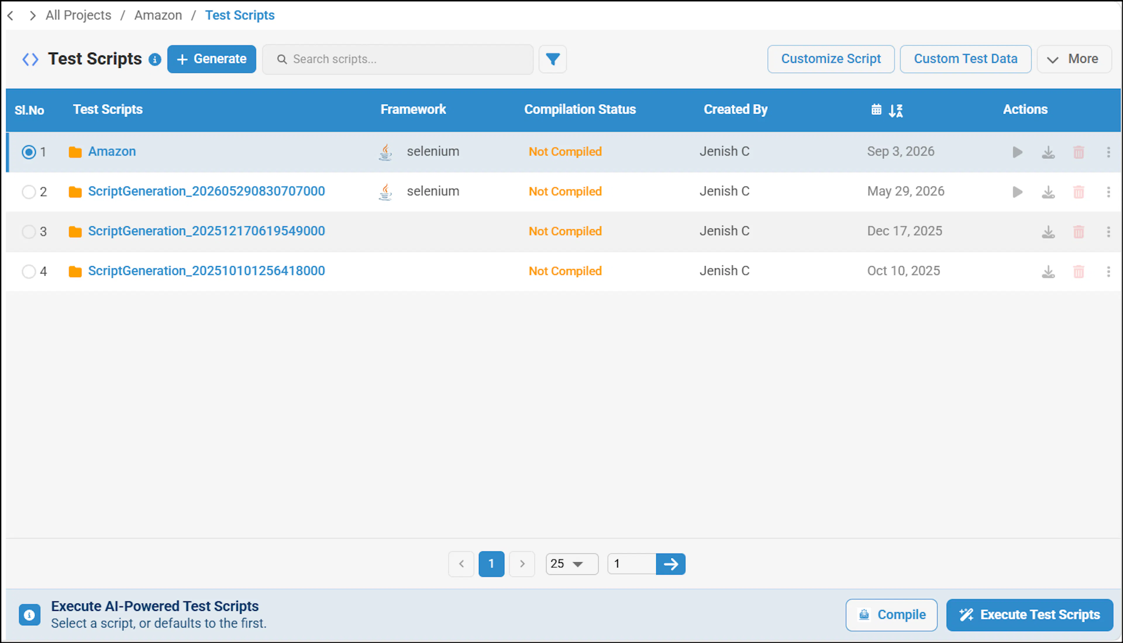 Scripts folder showing generated test scripts with framework, compilation status, and creation date