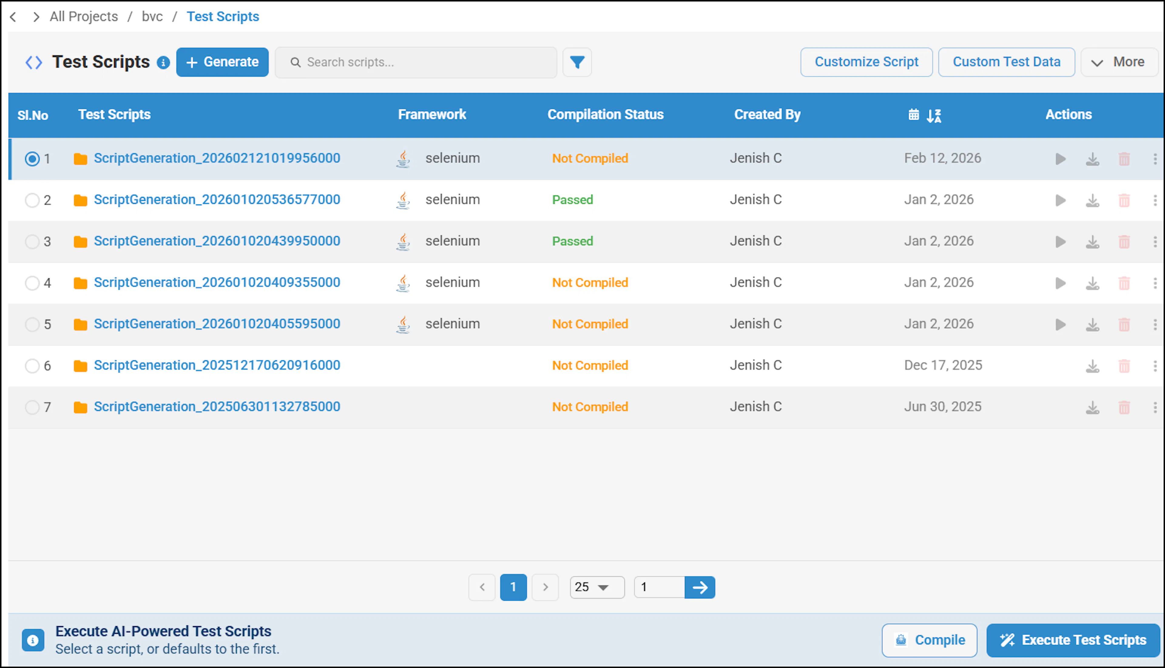 Test Scripts screen showing compilation status for generated scripts
