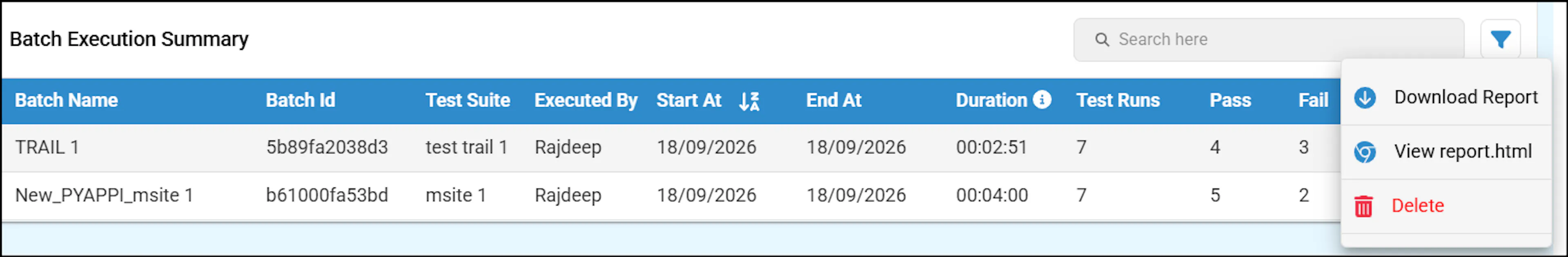 Batch Execution Summary table showing batch name, ID, test suite, executor, dates, duration, and pass/fail/skip counts