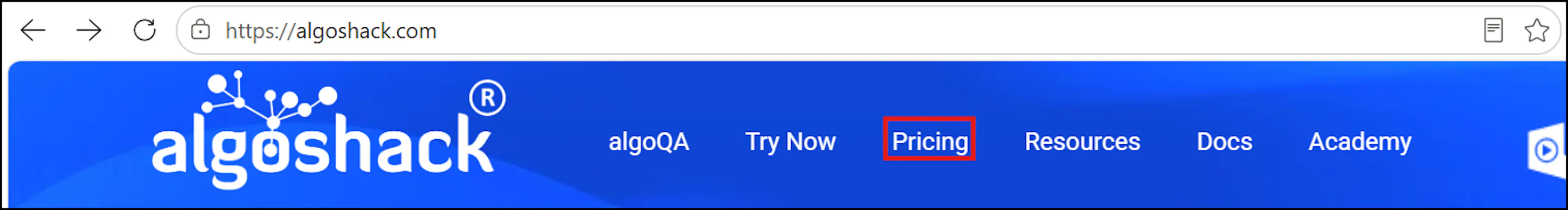 AlgoShack website homepage with Pricing button highlighted