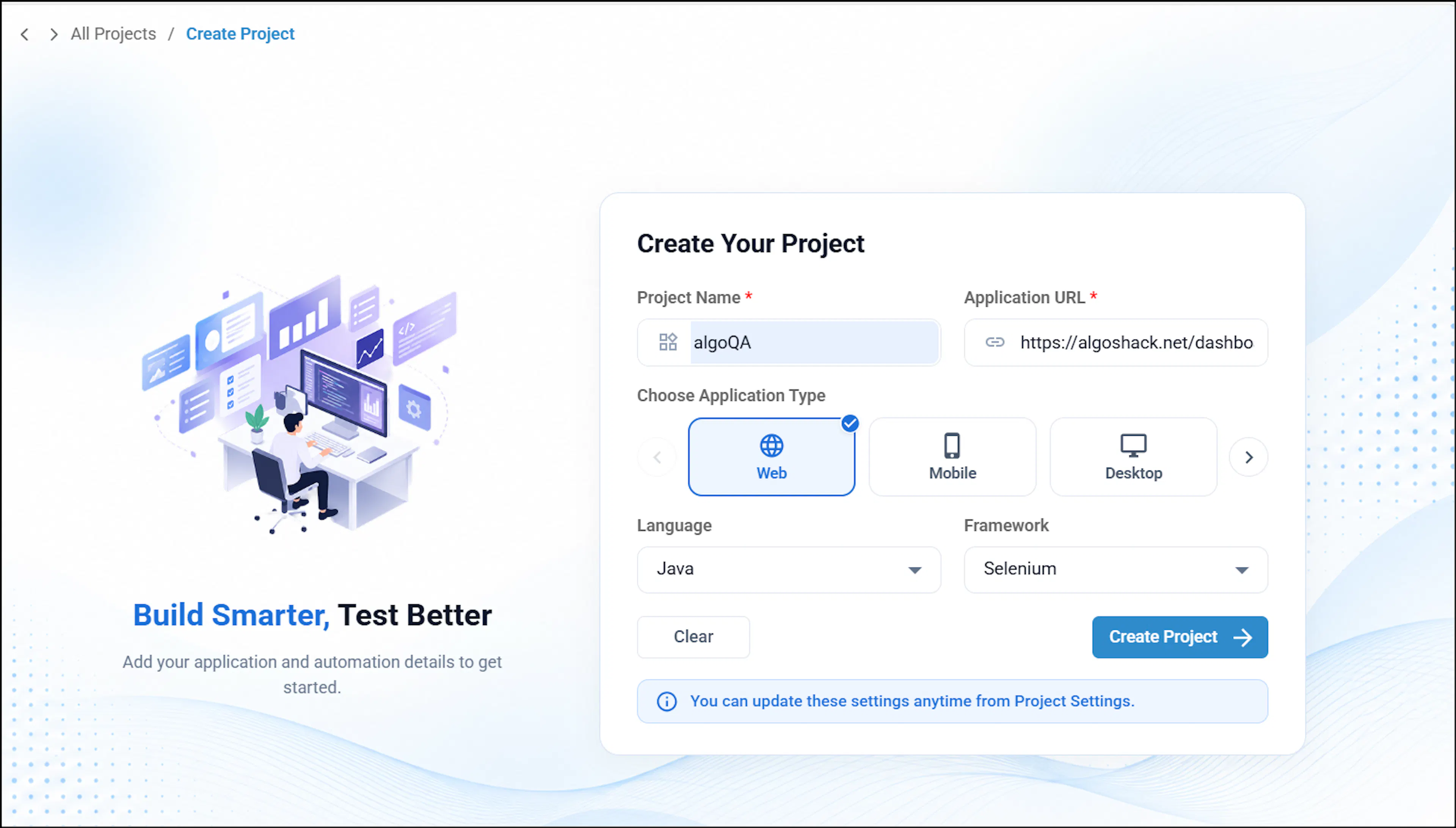 Create Project page with project configuration fields