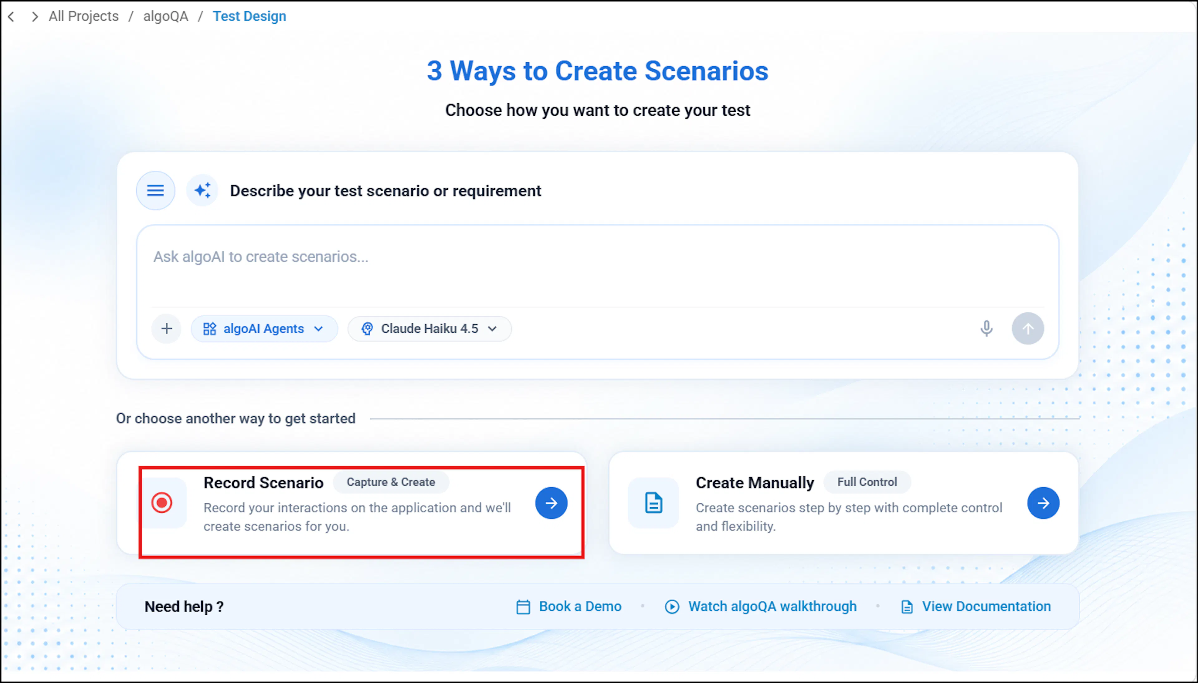 Scenario creation screen with the Record Scenarios option