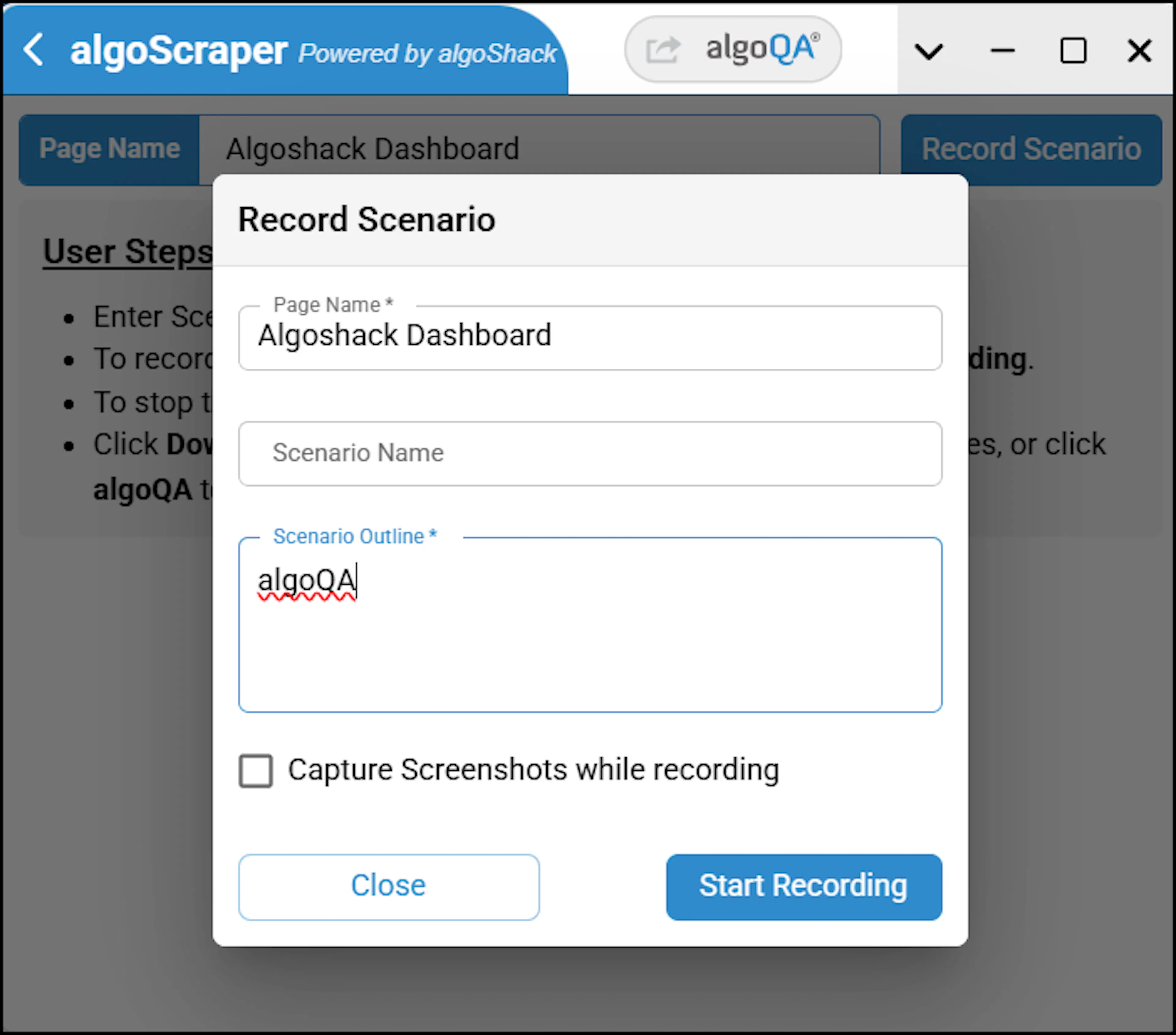 Scenario outline field and Start Recording button in algoScraper