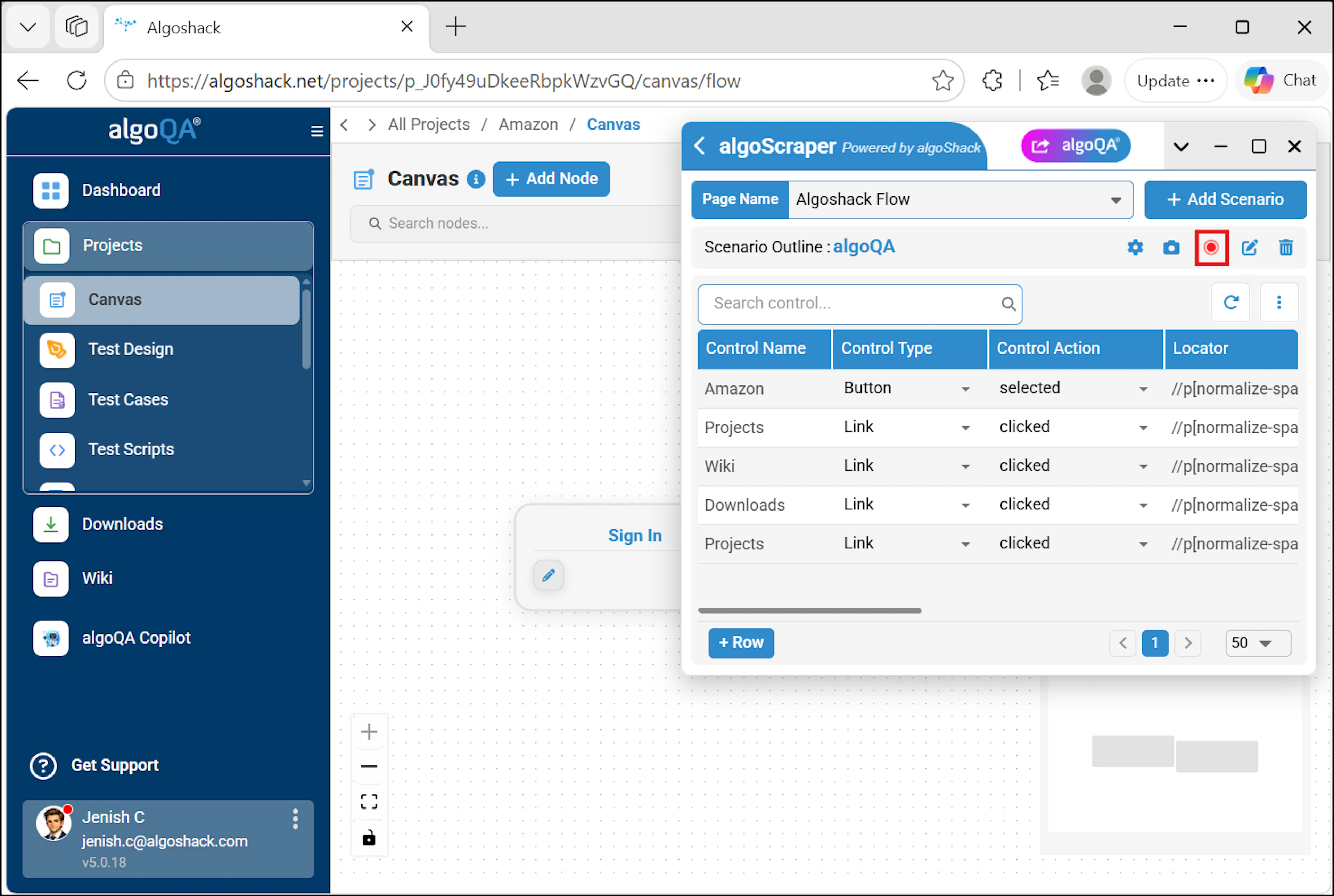 algoScraper recording a sequence of actions on the web page