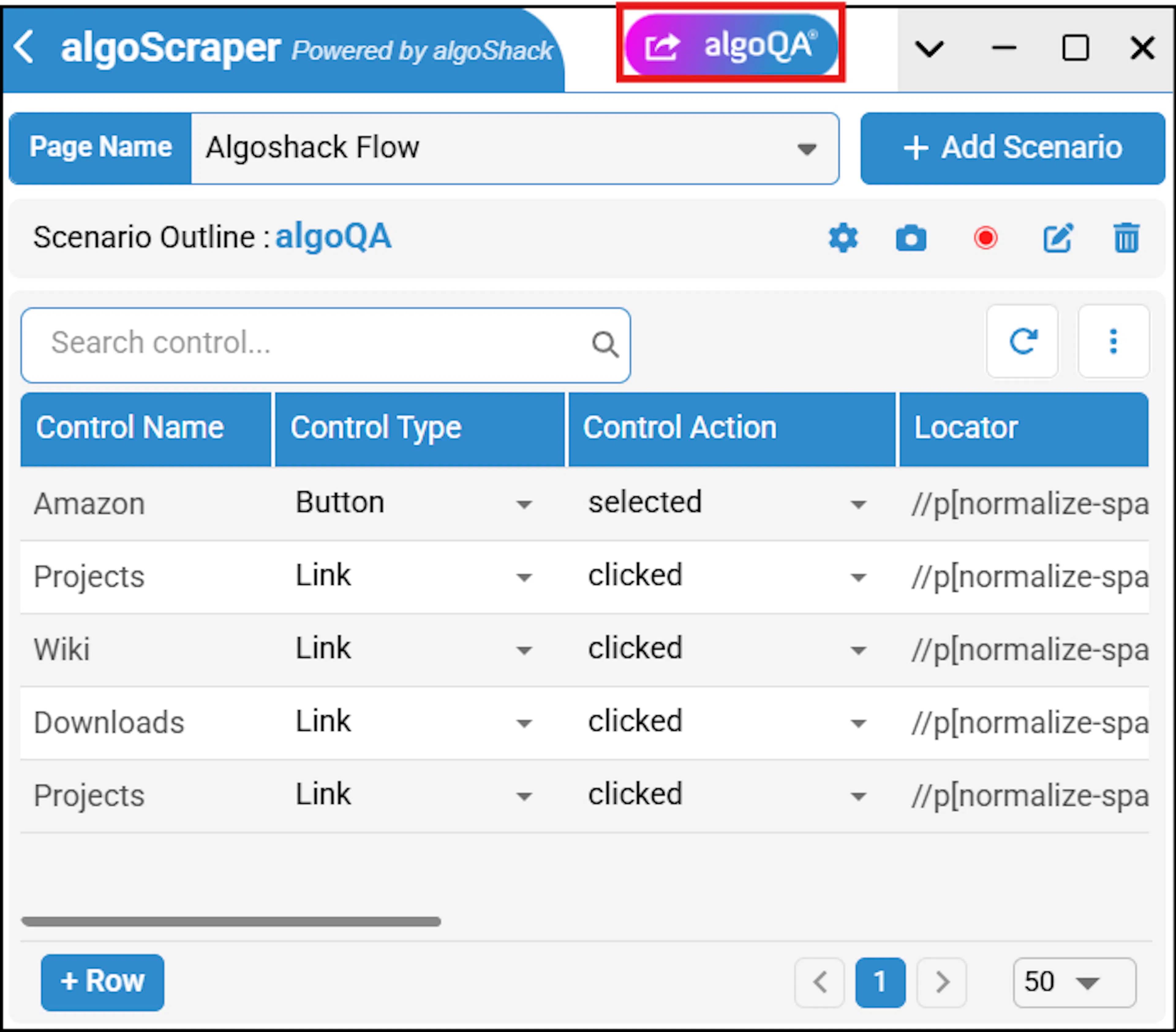 algoQA button in the scraper for returning to the Test Design screen