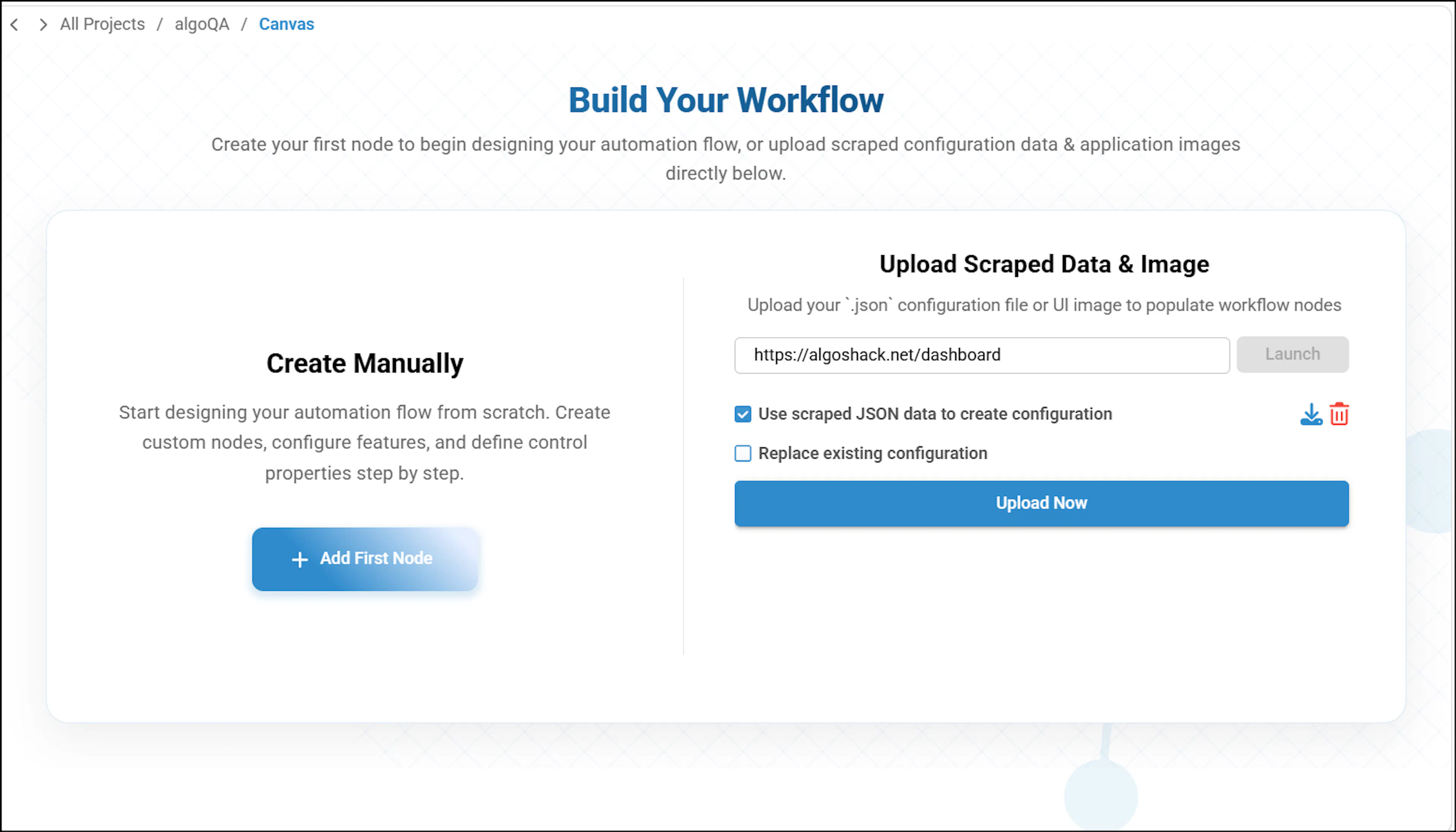 Scraped data upload screen with the Upload Now button