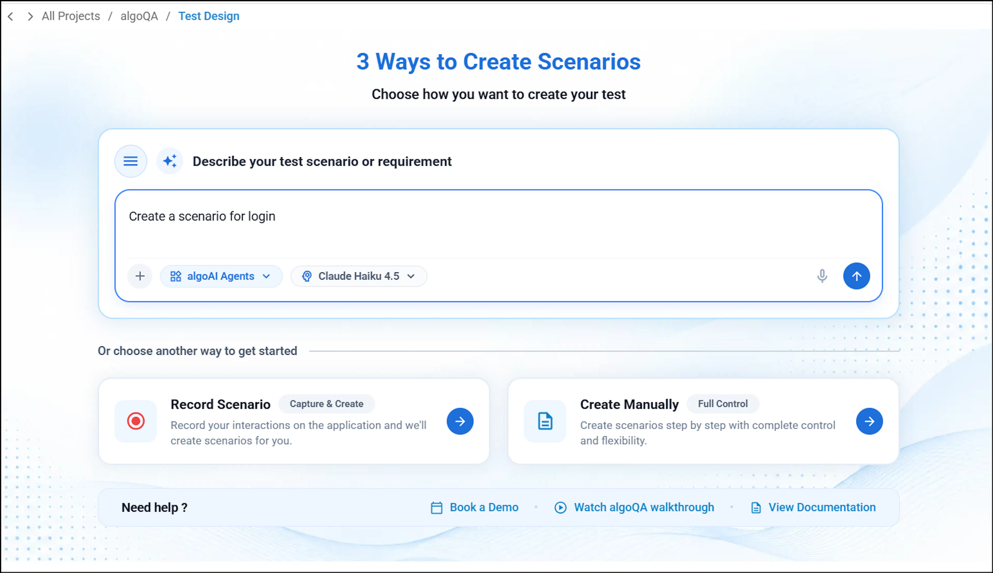 algoAI chat interface for entering a scenario description