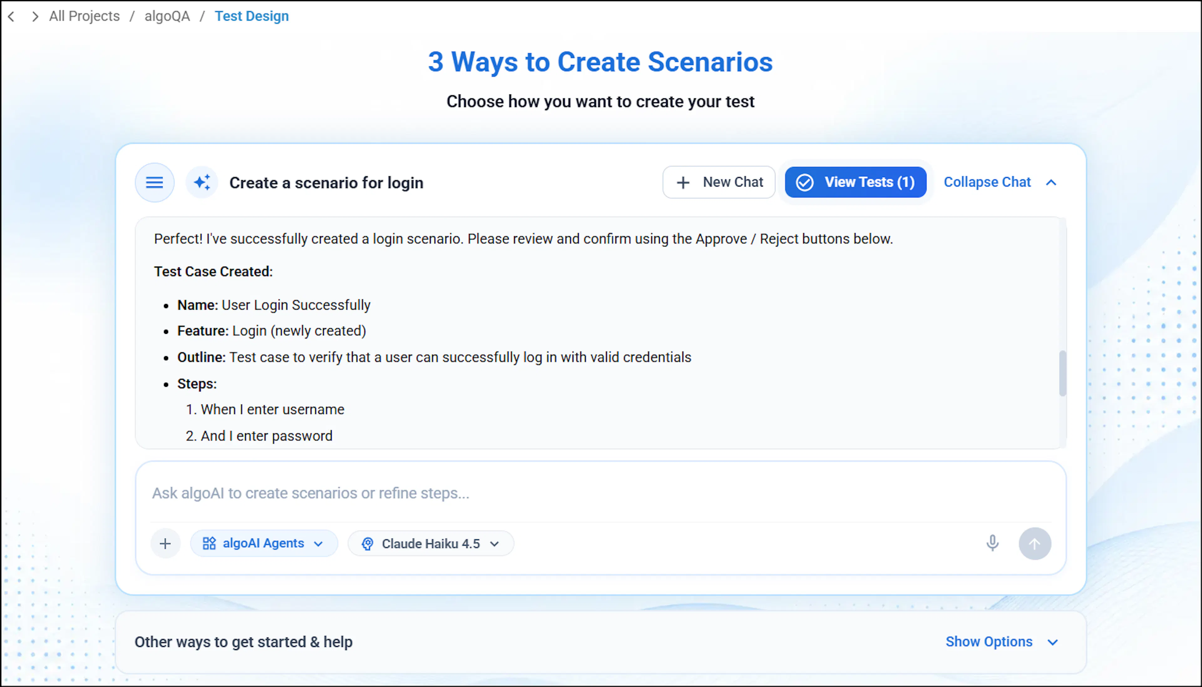 Generated test case with the View Tests button