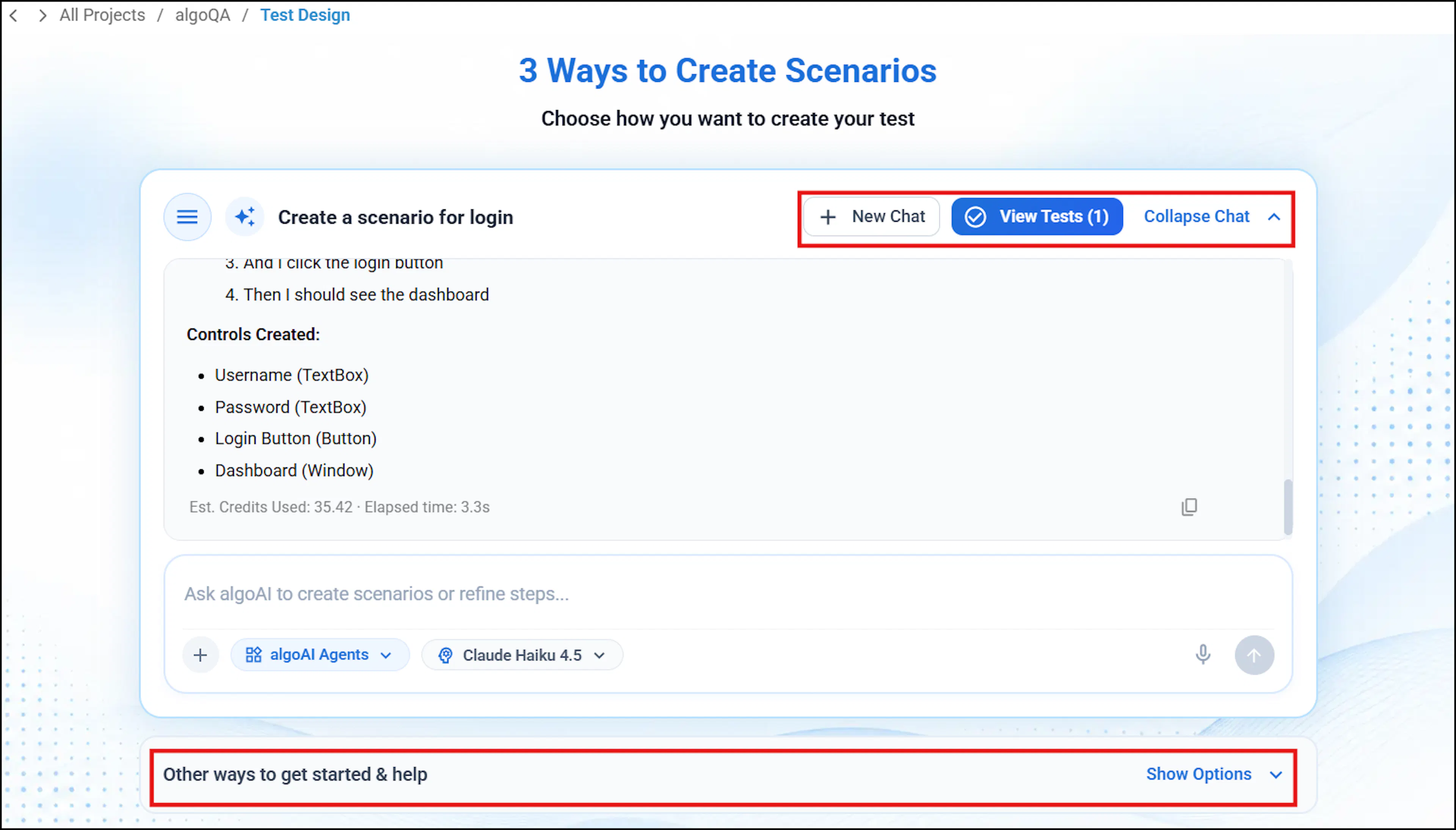 algoAI chat controls for collapsing chats, starting a new chat, and showing options