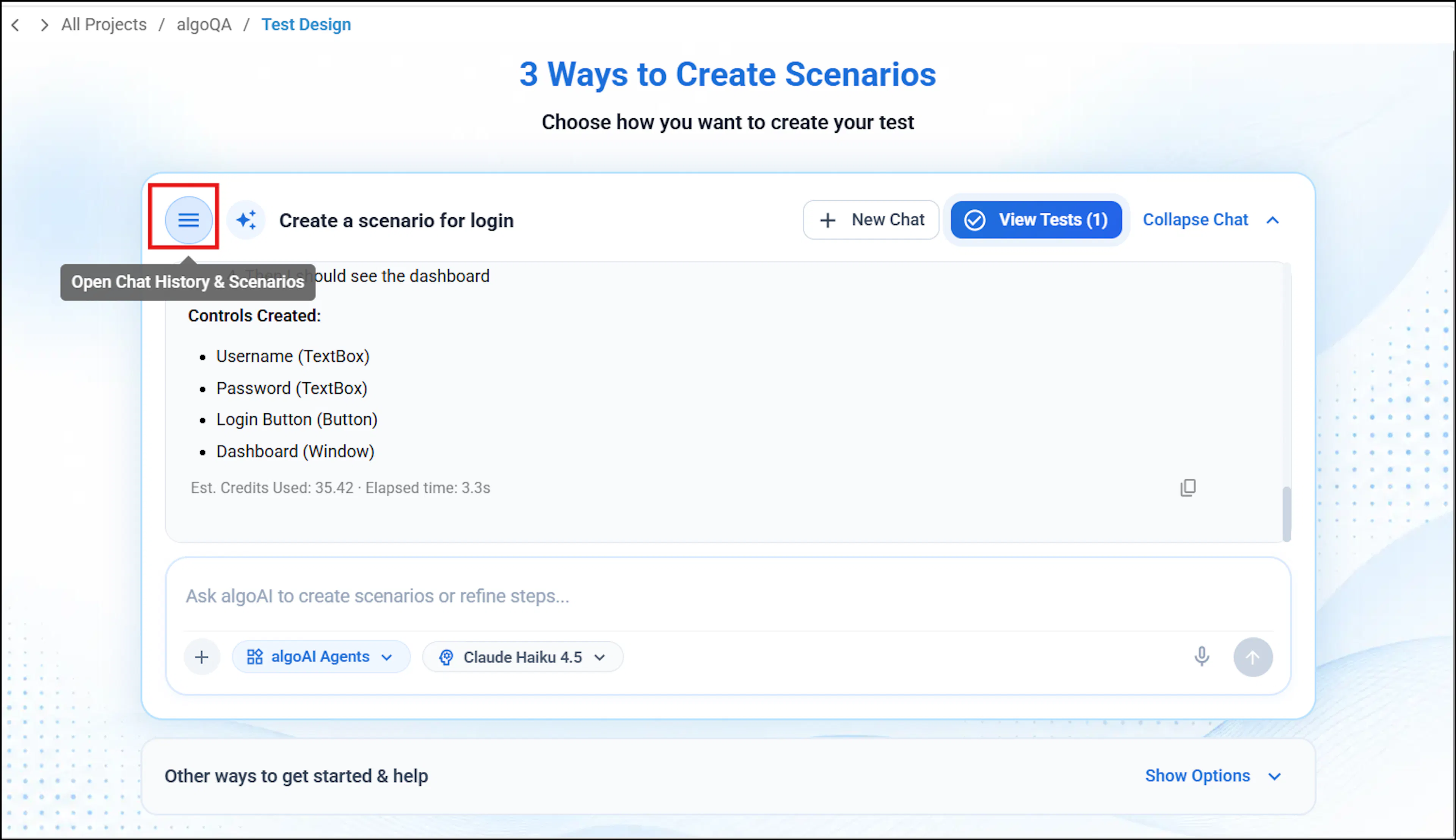 Chat history and generated scenarios panel