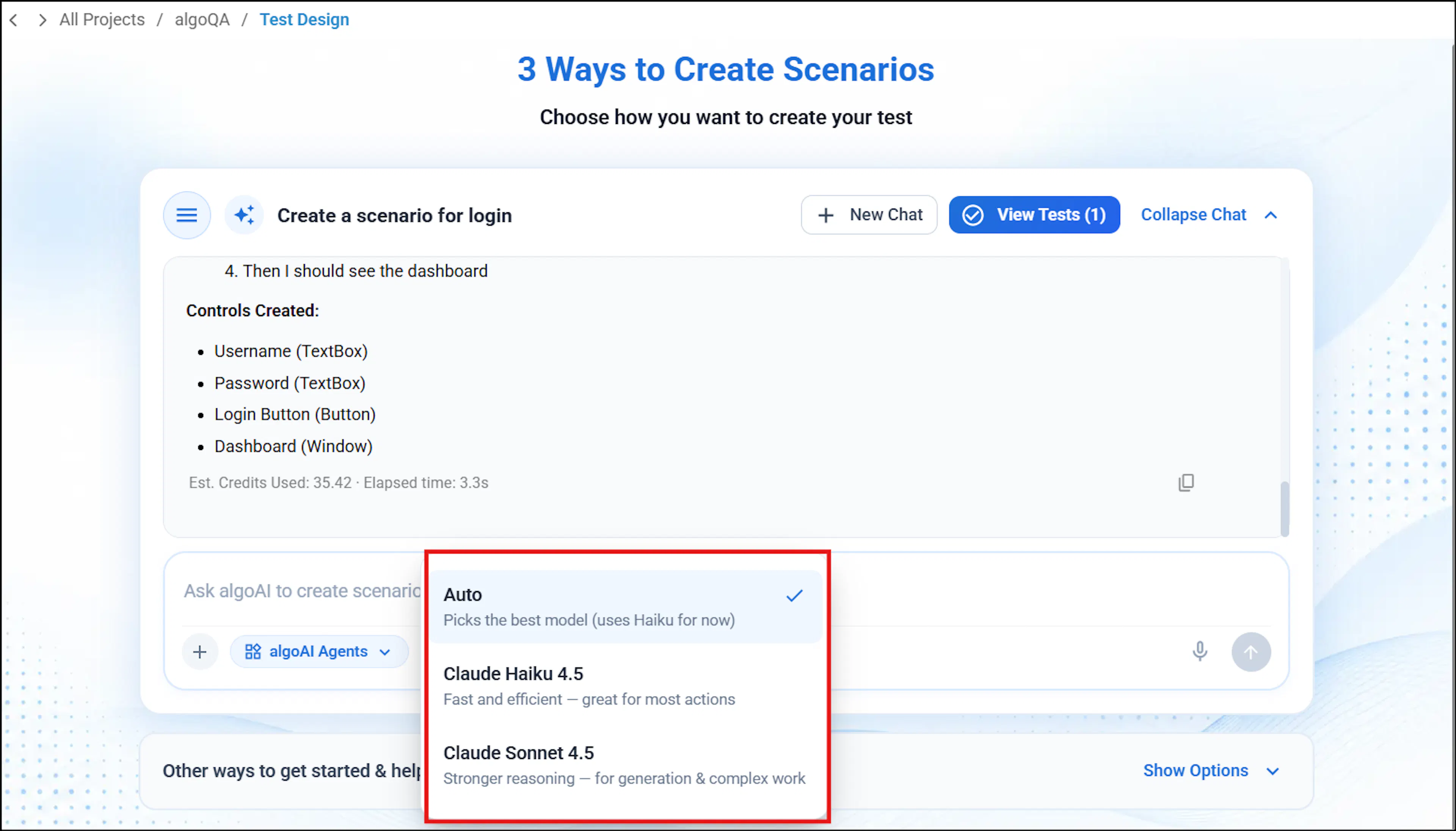 AI model dropdown showing automatic and manual model choices