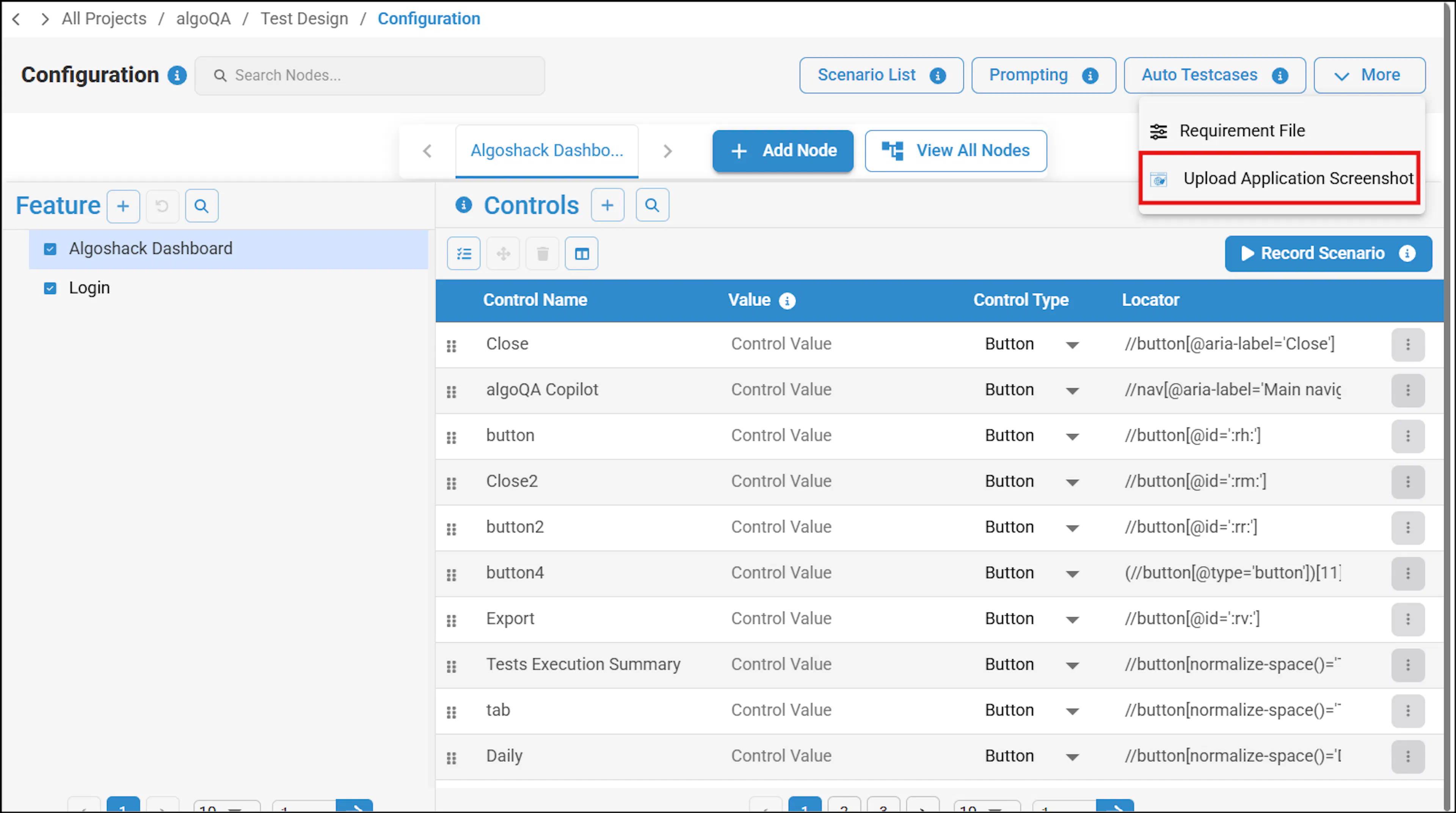 Configuration page with the More dropdown open and the Upload Scraped Data option visible
