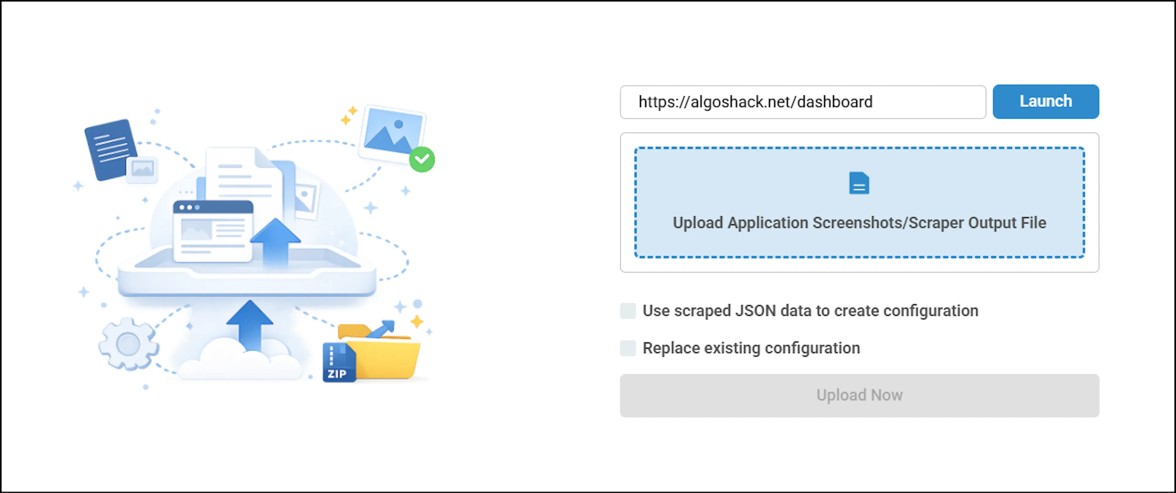 Upload Scraped Data page with the Application URL field and Launch button