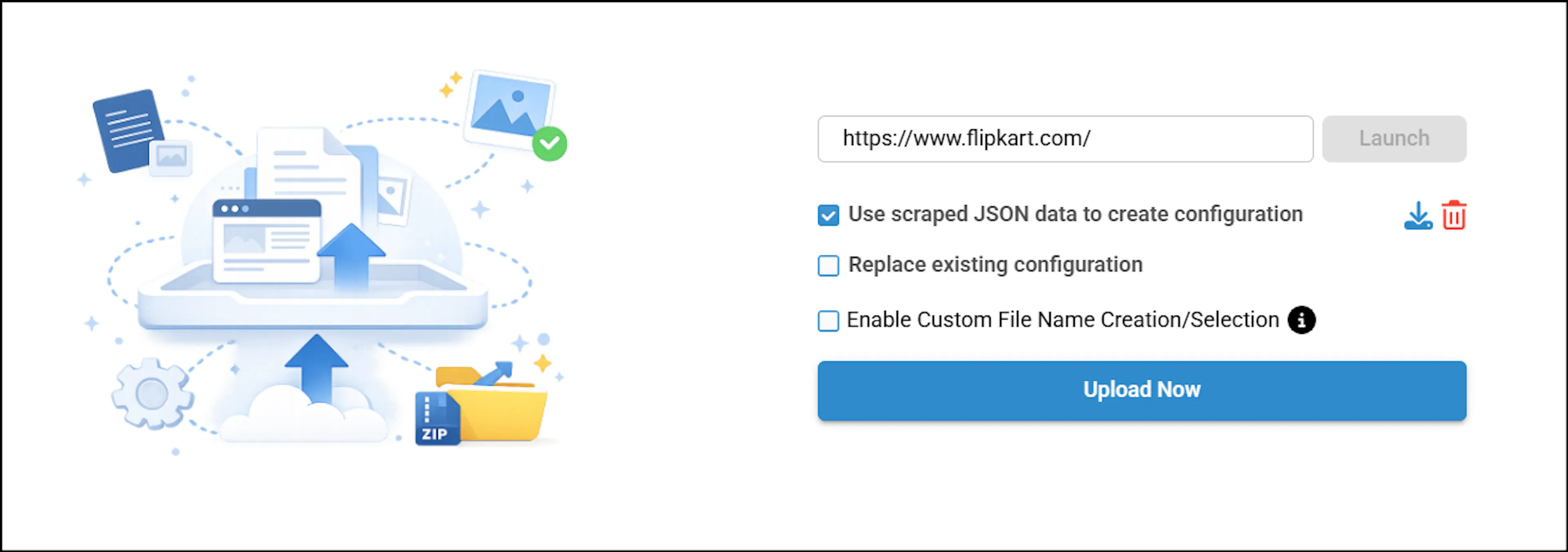 Upload Scraped Data screen with the Replace Existing Configuration checkbox and Upload Now button