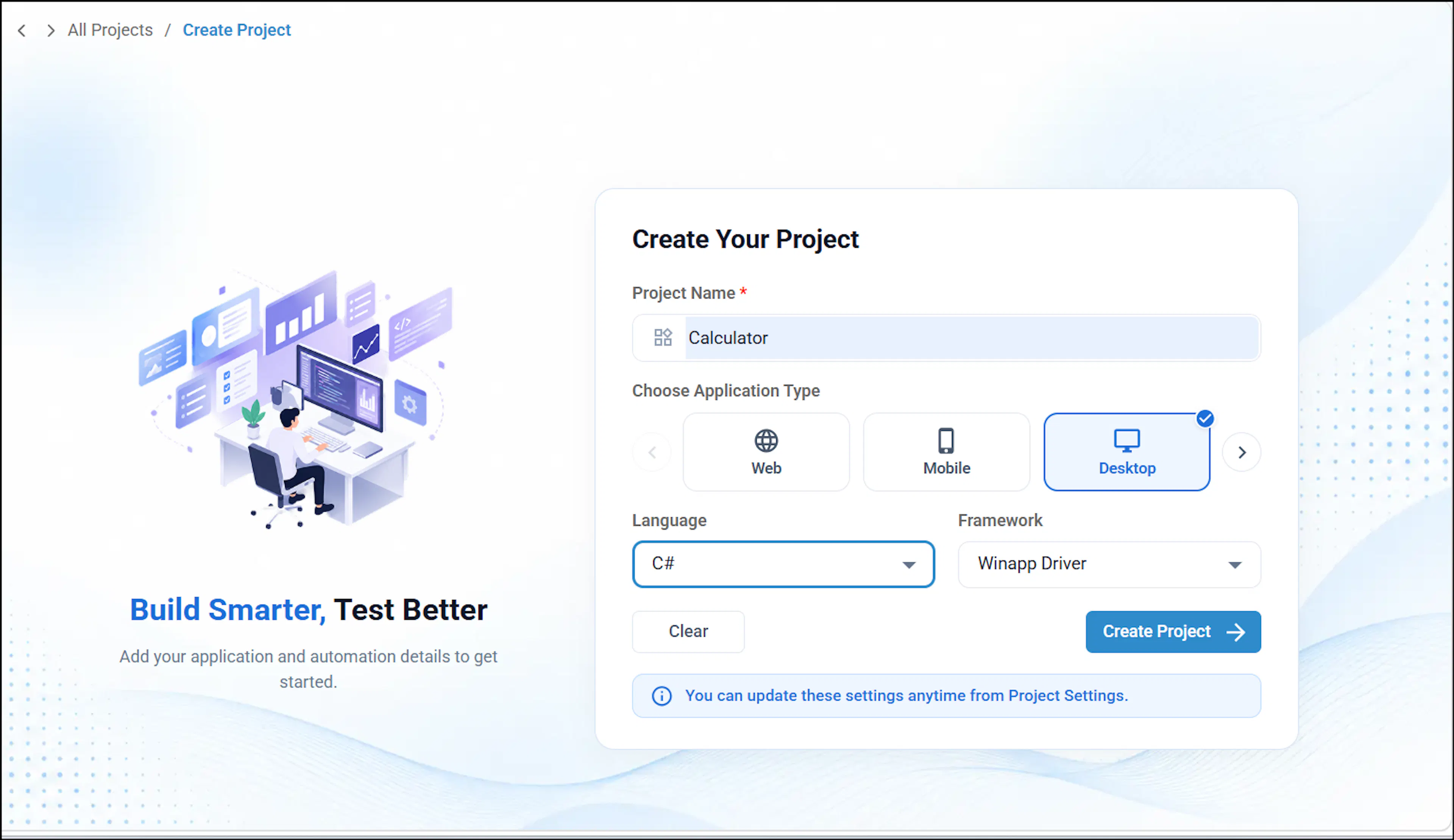Create Project page for Desktop Automation with configuration fields