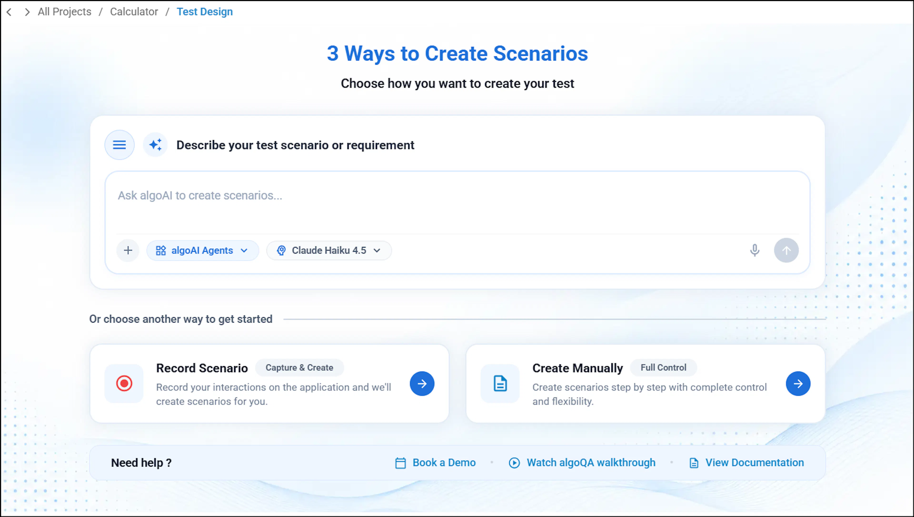 Scenario creation screen with three options including Record Scenario