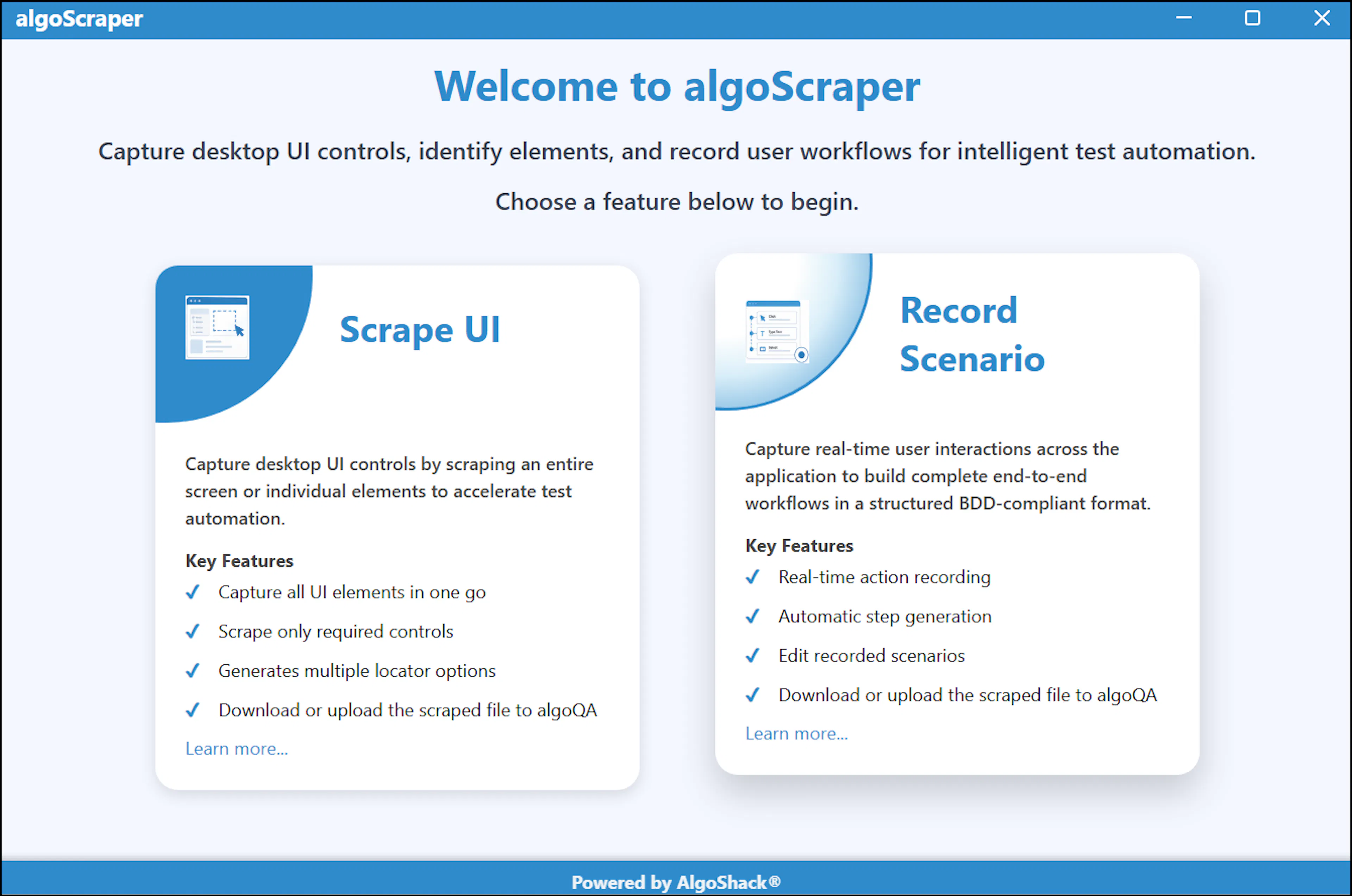 Desktop Scraper main screen with Scrape UI and Record Scenario options