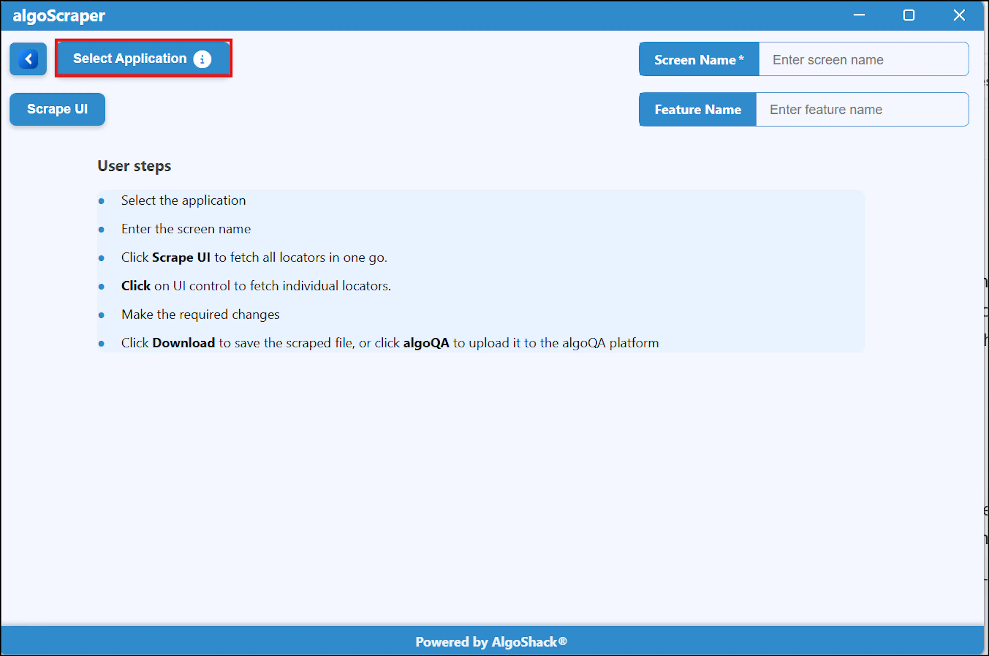 algoScraper window after selecting the target application with Screen Name field populated