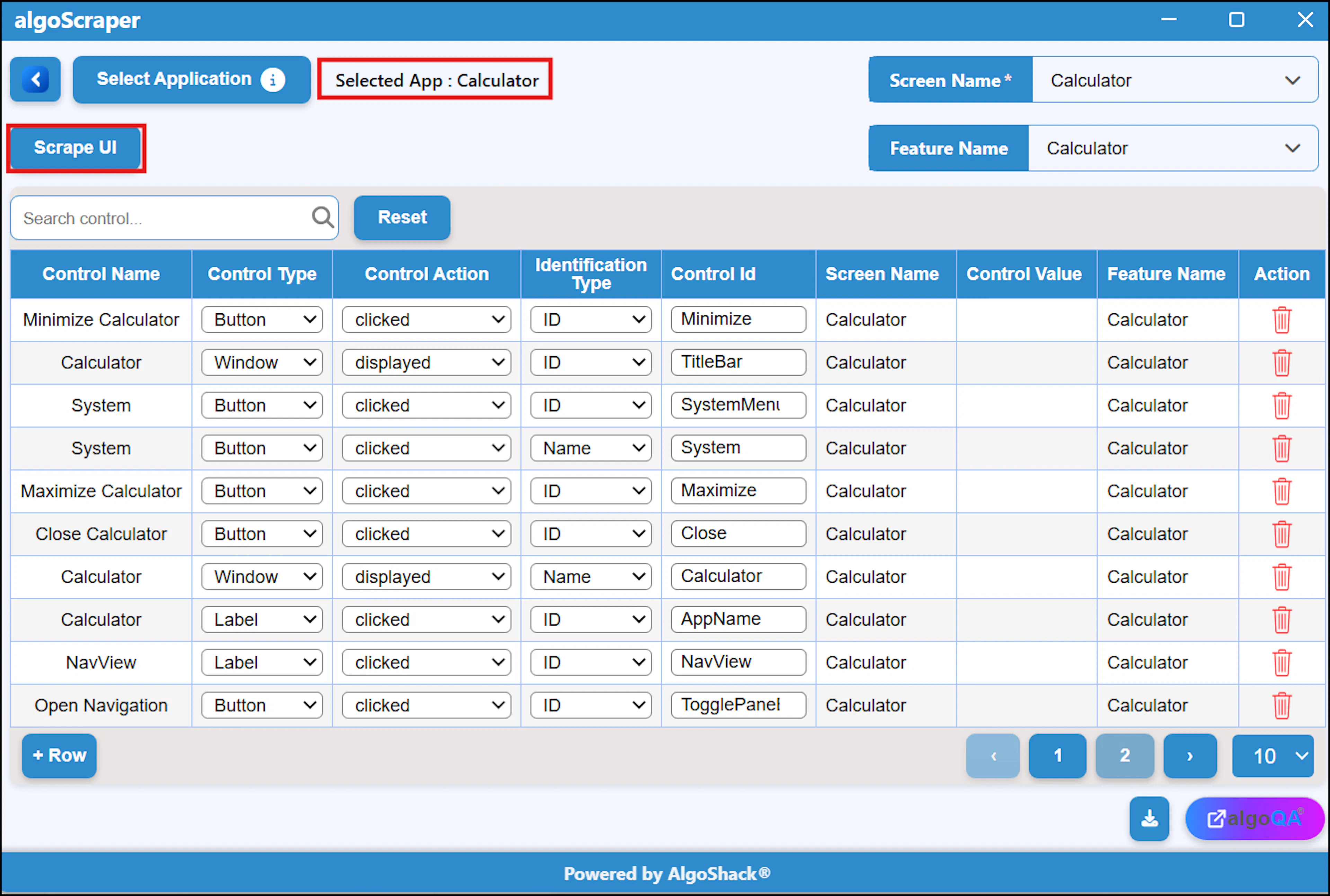 algoScraper window with Scrape UI button and scraped control list displayed