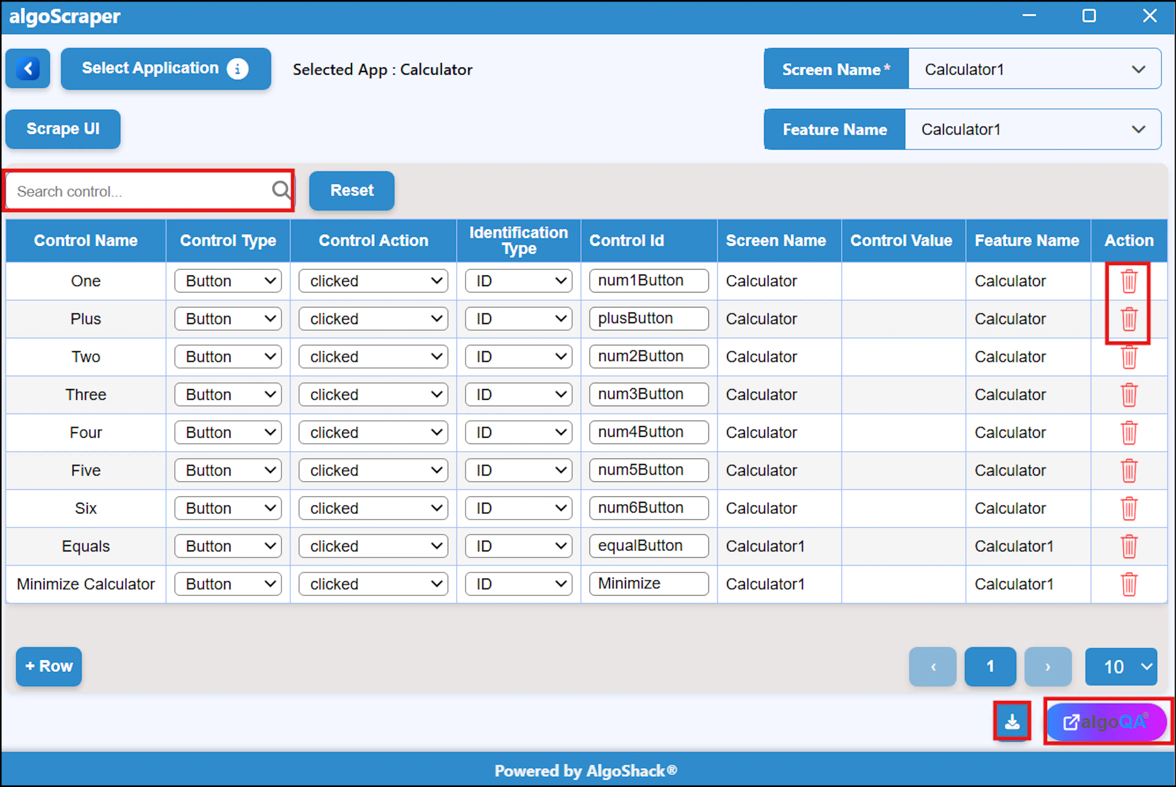 algoScraper window with Search Control box highlighted and filtered results in the scraped list