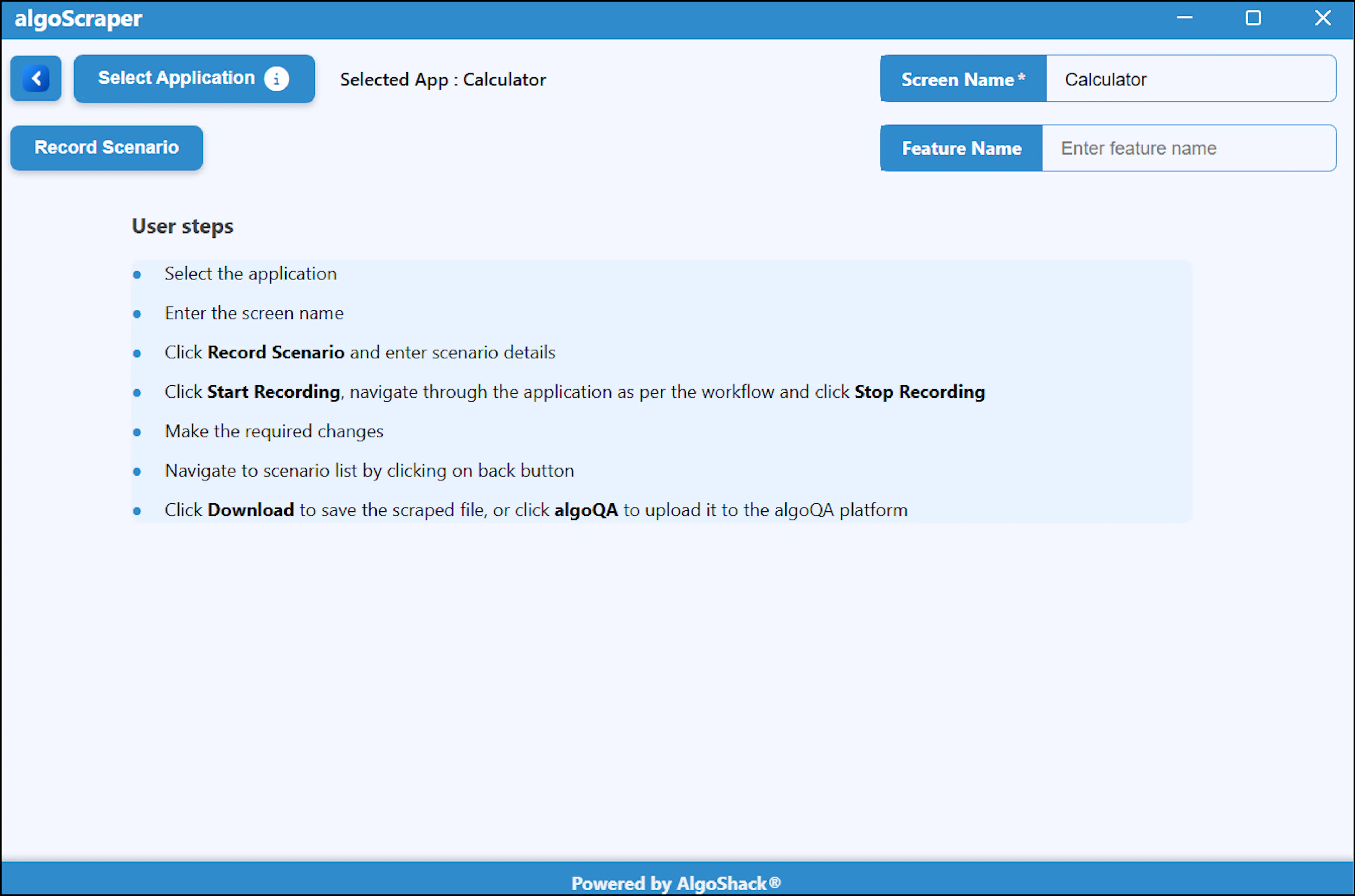 algoScraper window after selecting the target application for recording a scenario