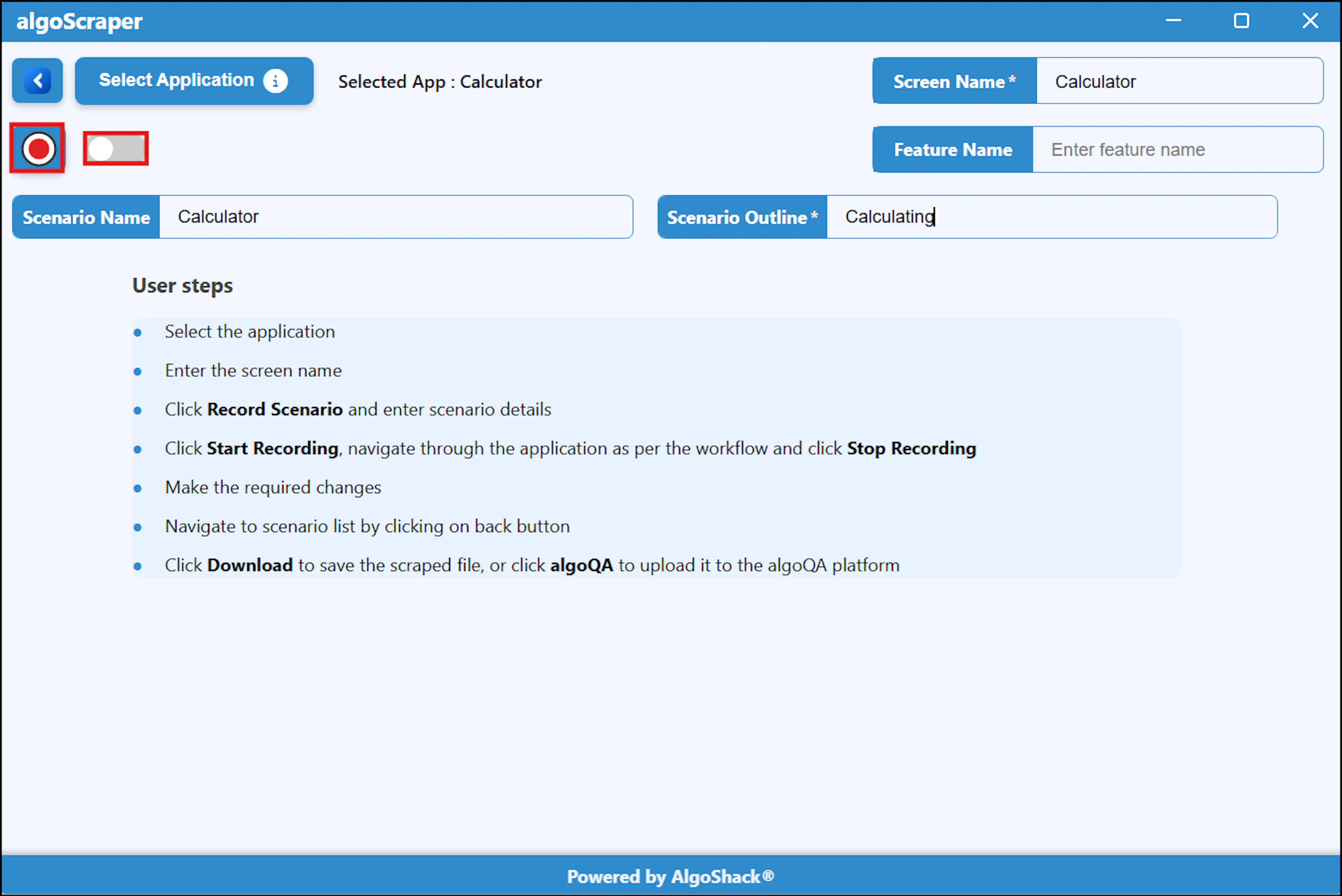 algoScraper window with Scenario Name and Scenario Outline fields and Start Recording button highlighted