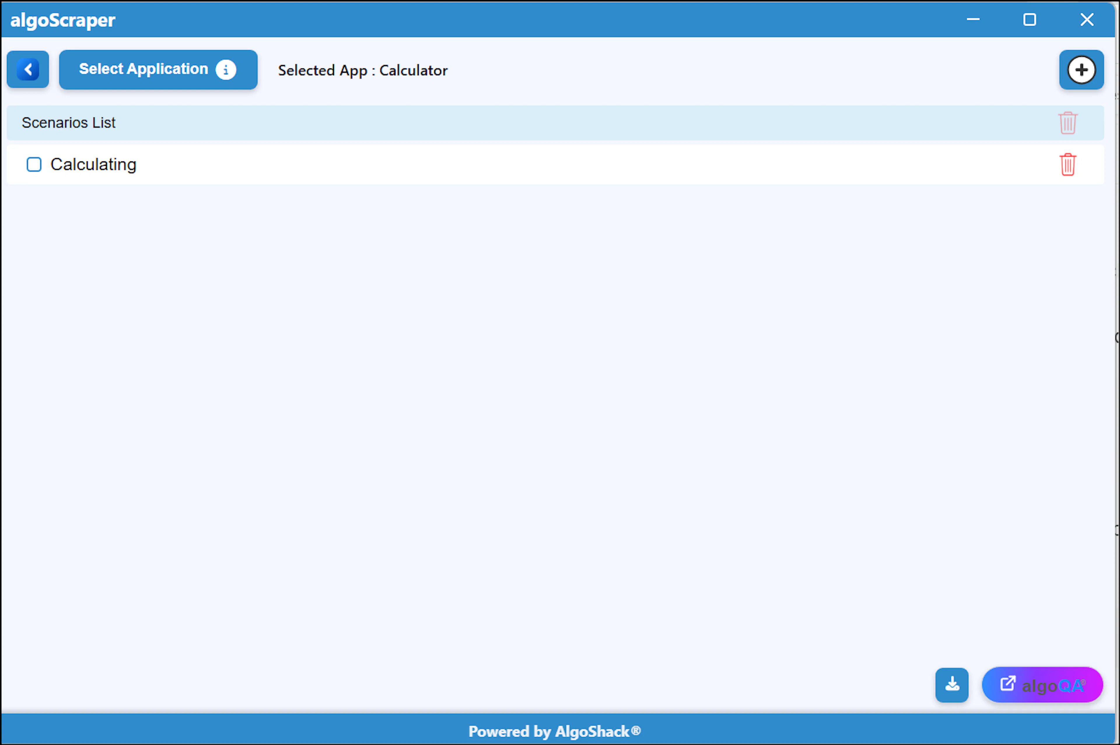 algoScraper Scenario List showing recorded scenario steps with action, download, and algoQA buttons