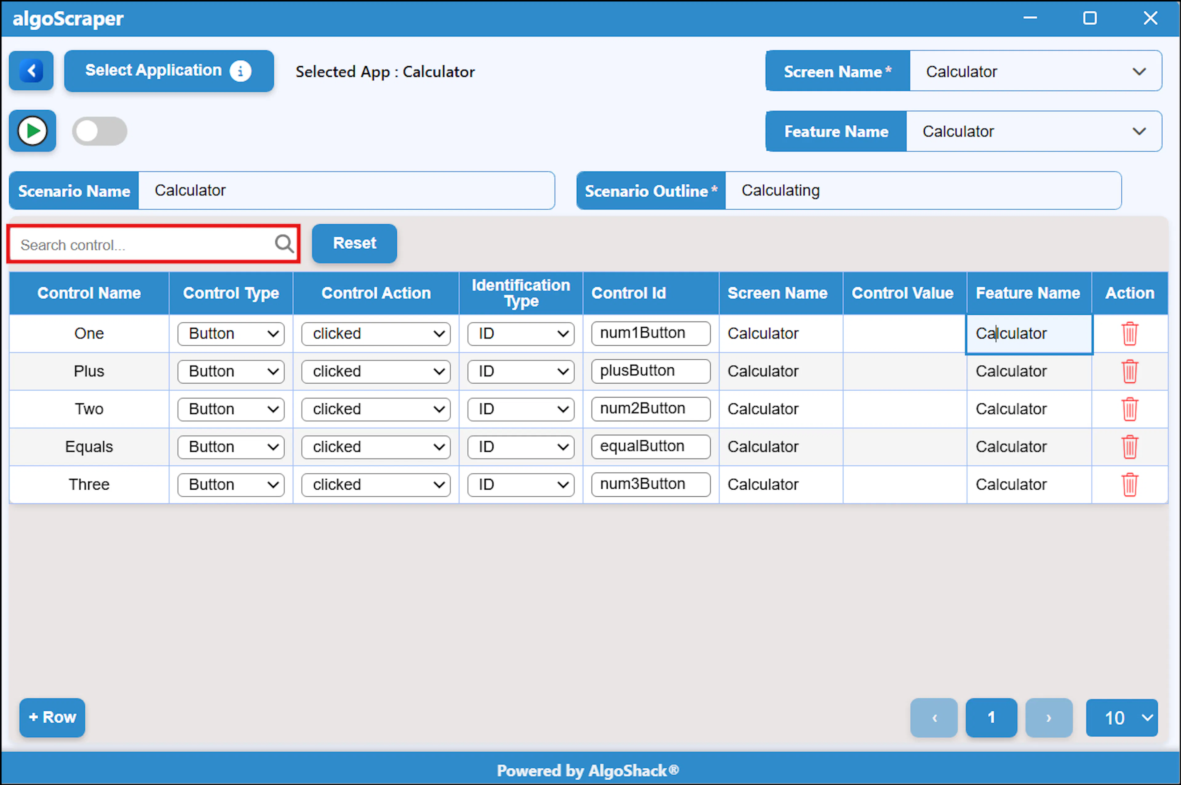 algoScraper window with Search Control box highlighted and filtered results in the recorded scenario list