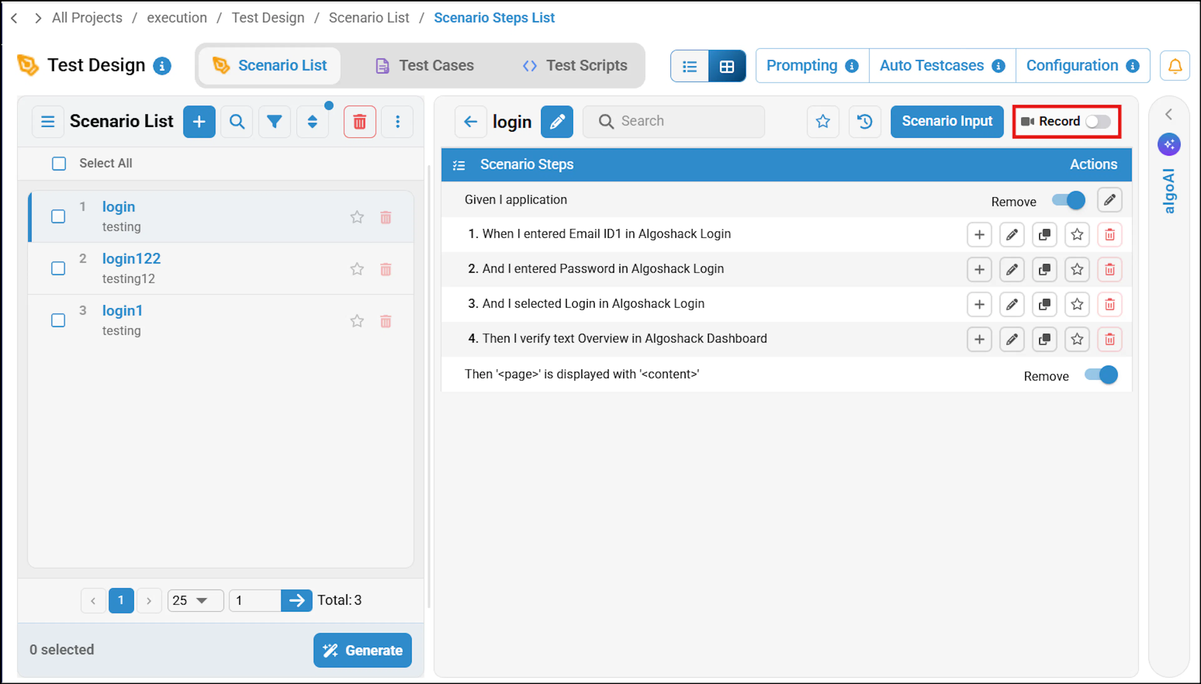 Scenario Steps List with Record option
