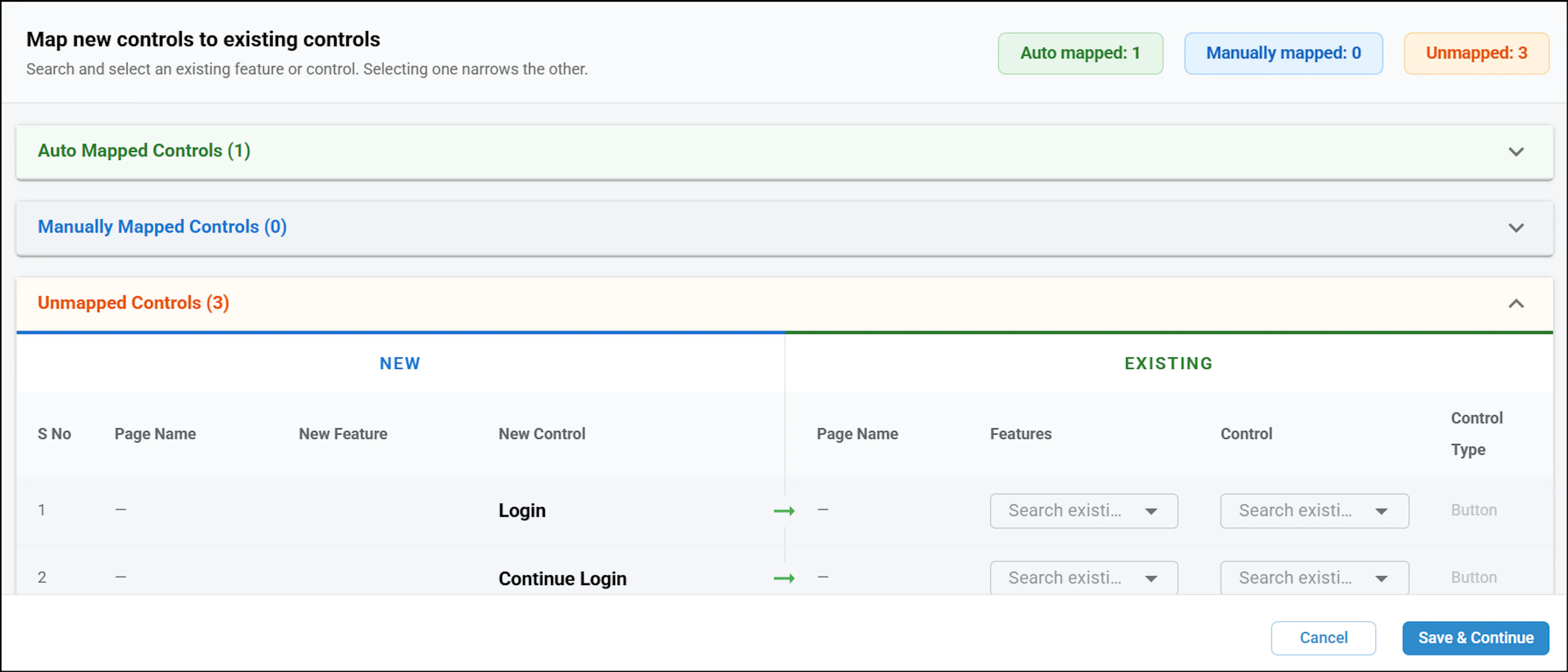 Map New Controls to Existing Controls pop-up