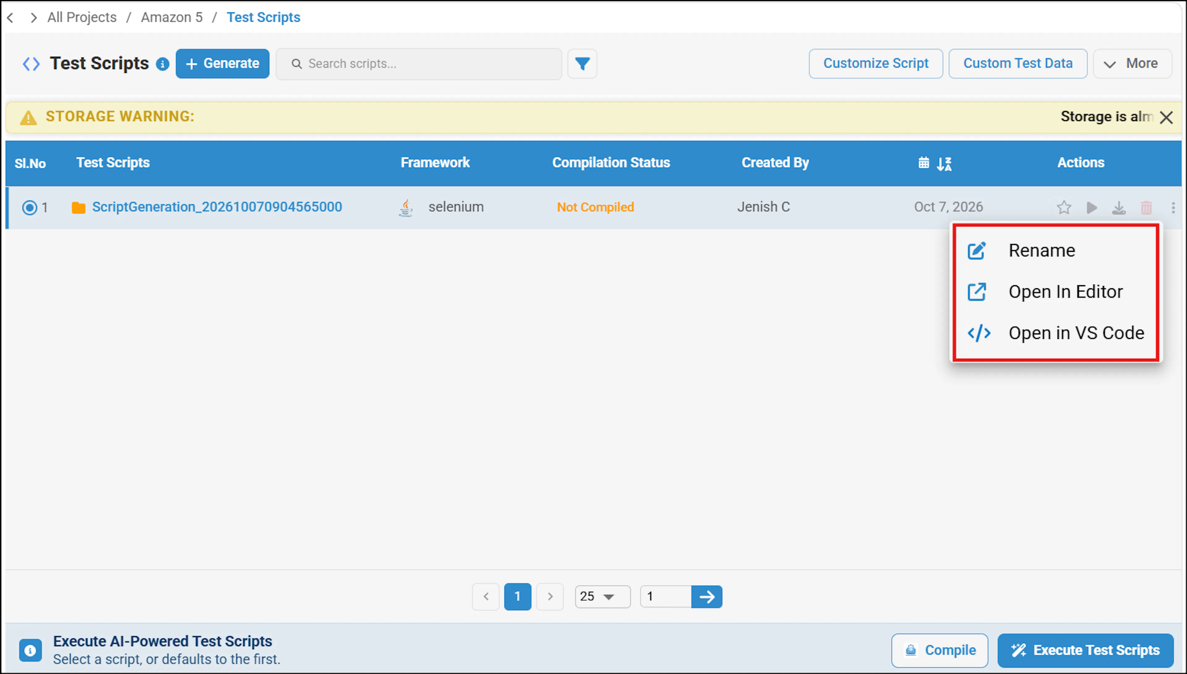 More menu beside a generated script with the Rename option highlighted