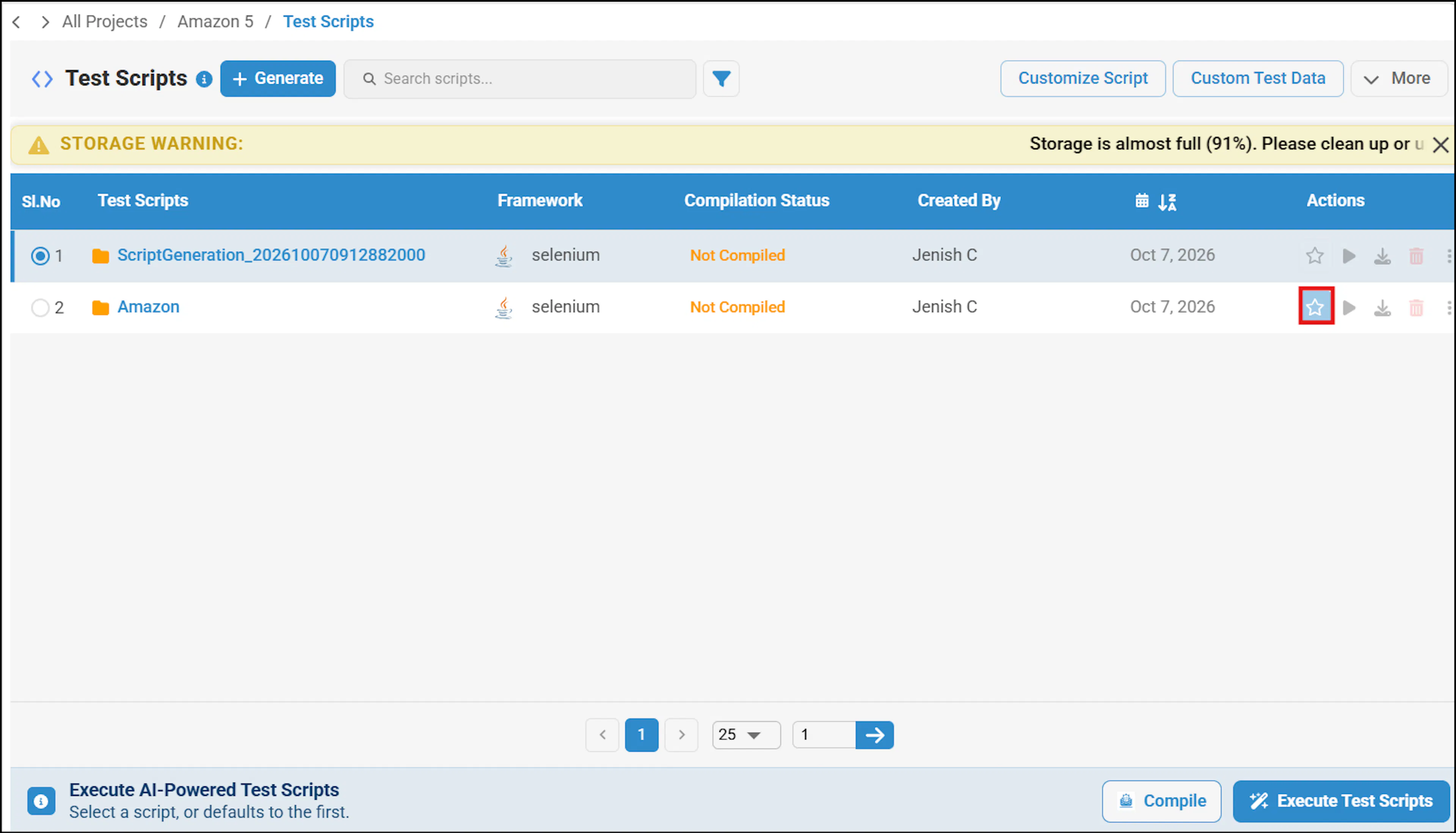 Test Scripts list showing a favorite script that is protected from deletion