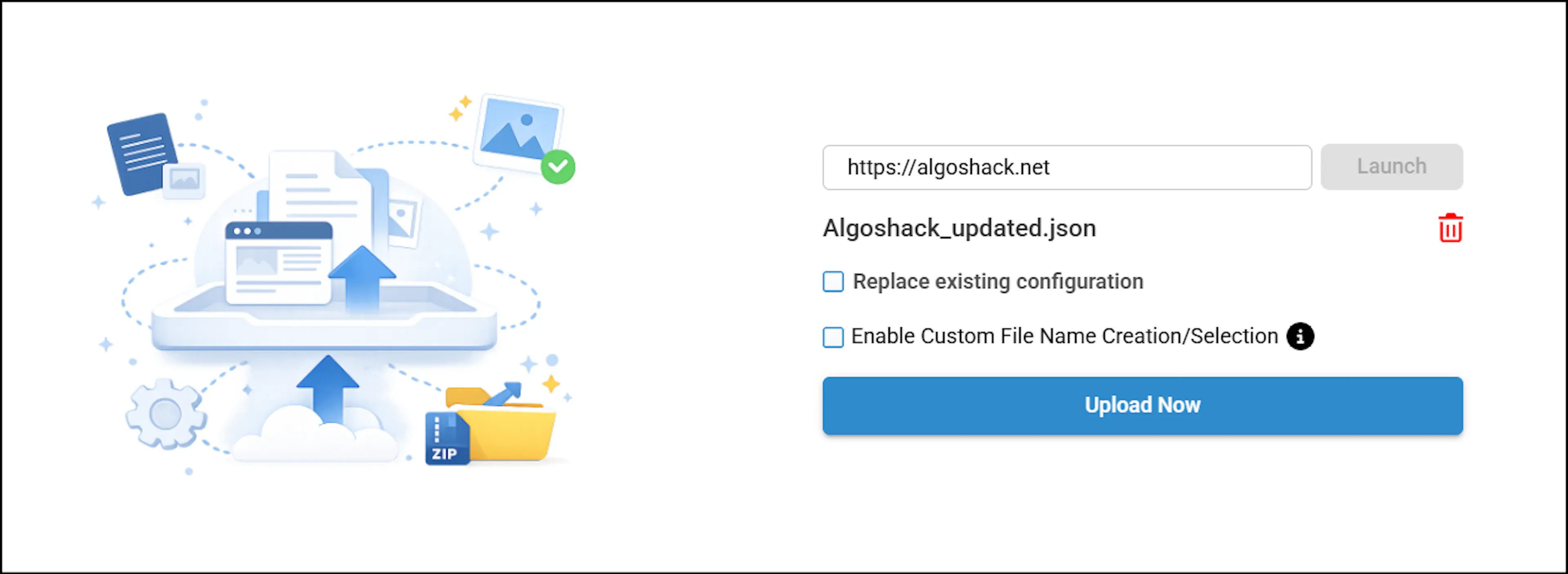 Upload Scraped Data screen with the Replace Existing Configuration checkbox unchecked and the Upload Now button