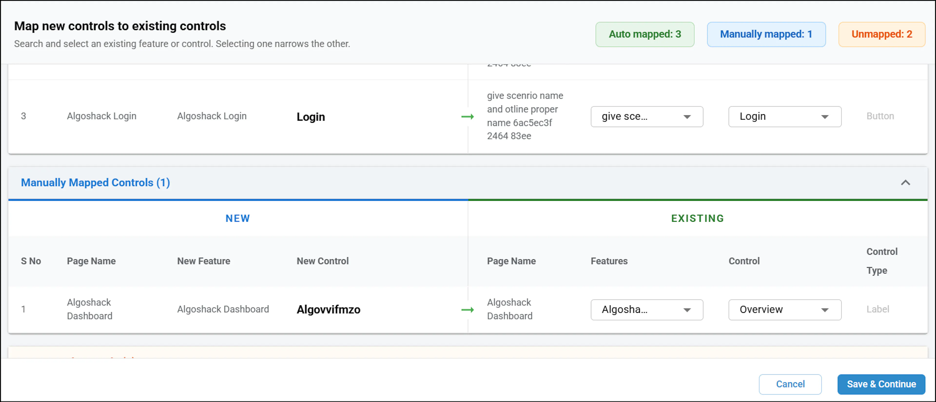 Map New Controls to Existing Controls pop-up with feature and control dropdowns for manual mapping